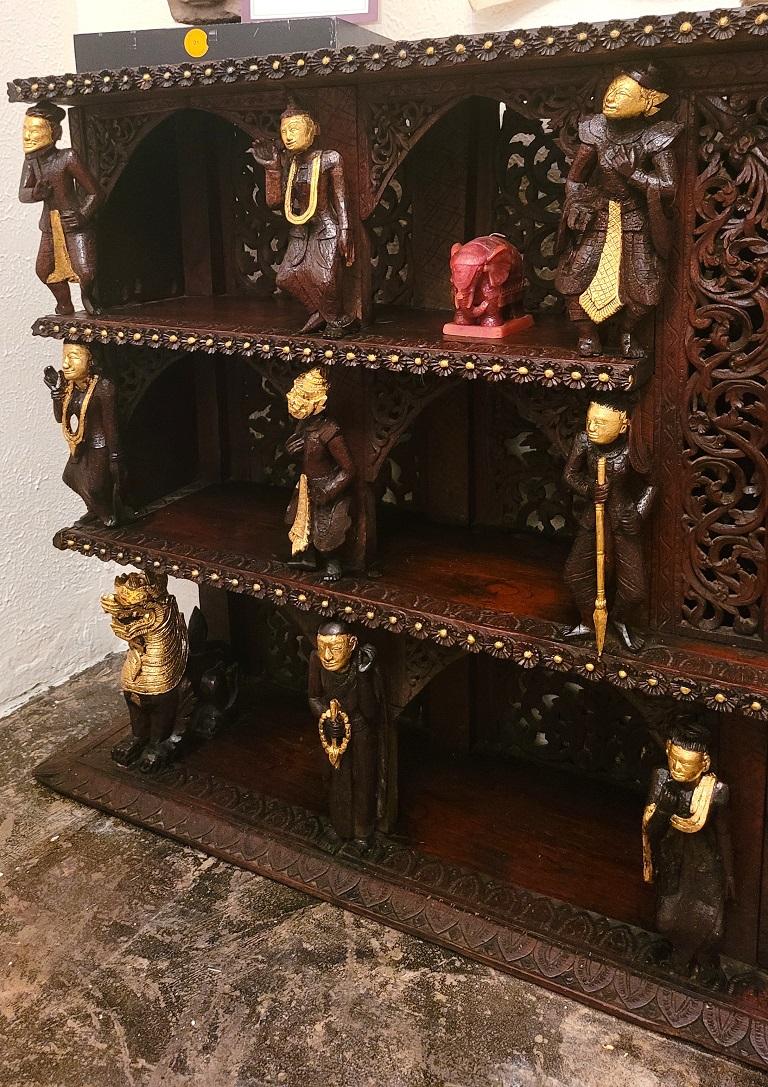 19th Century SE Asian Highly Carved Wooden and Gilded Floor/Wall Cabinet For Sale 4