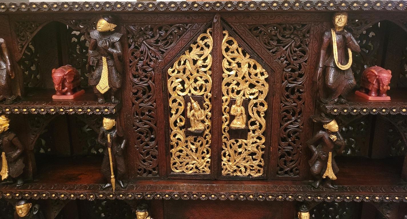 19th Century SE Asian Highly Carved Wooden and Gilded Floor/Wall Cabinet For Sale 2