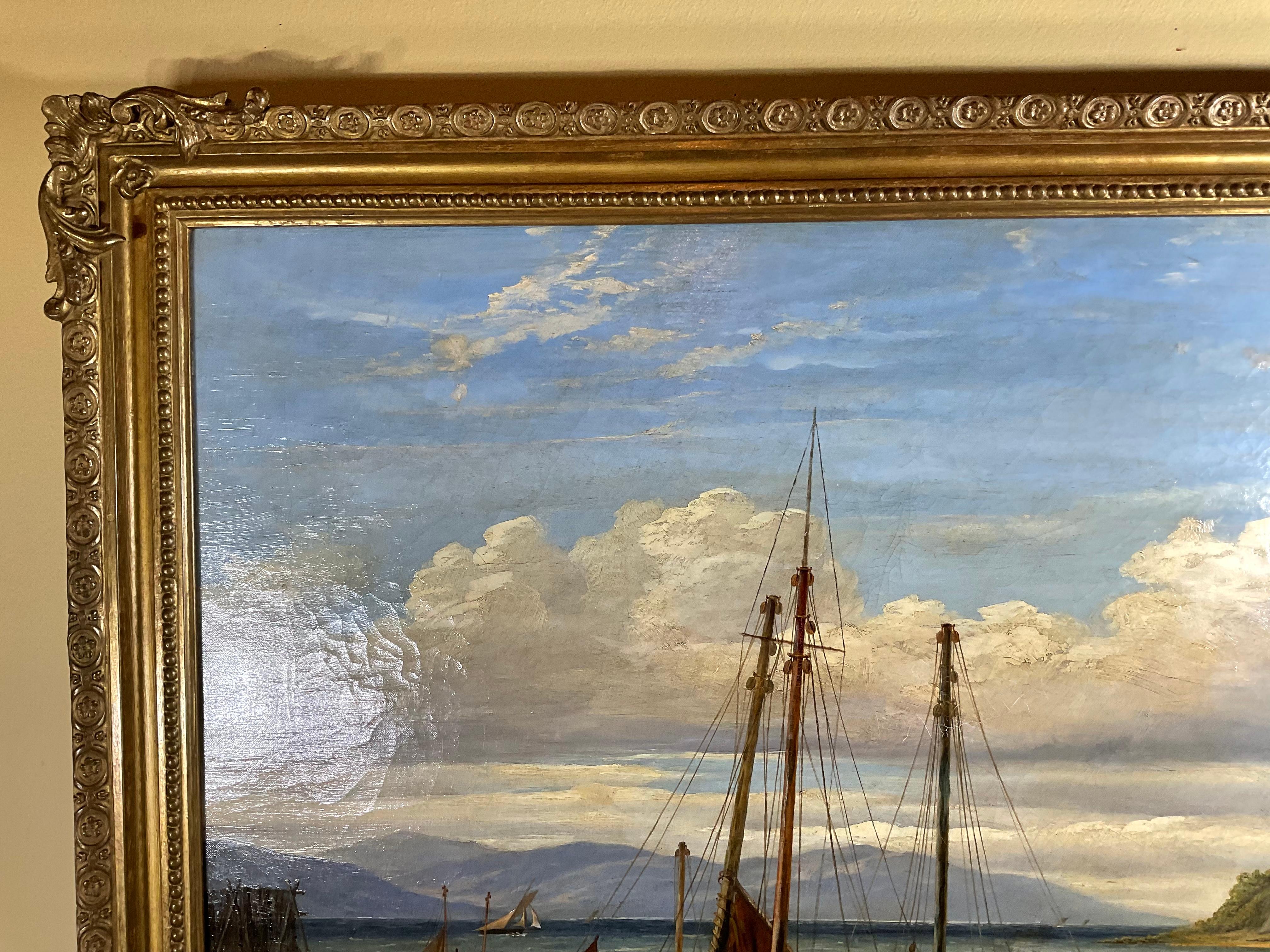 Victorian 19th Century Seascape Oil Painting of Ships Off the Coast, Signed H.Quast