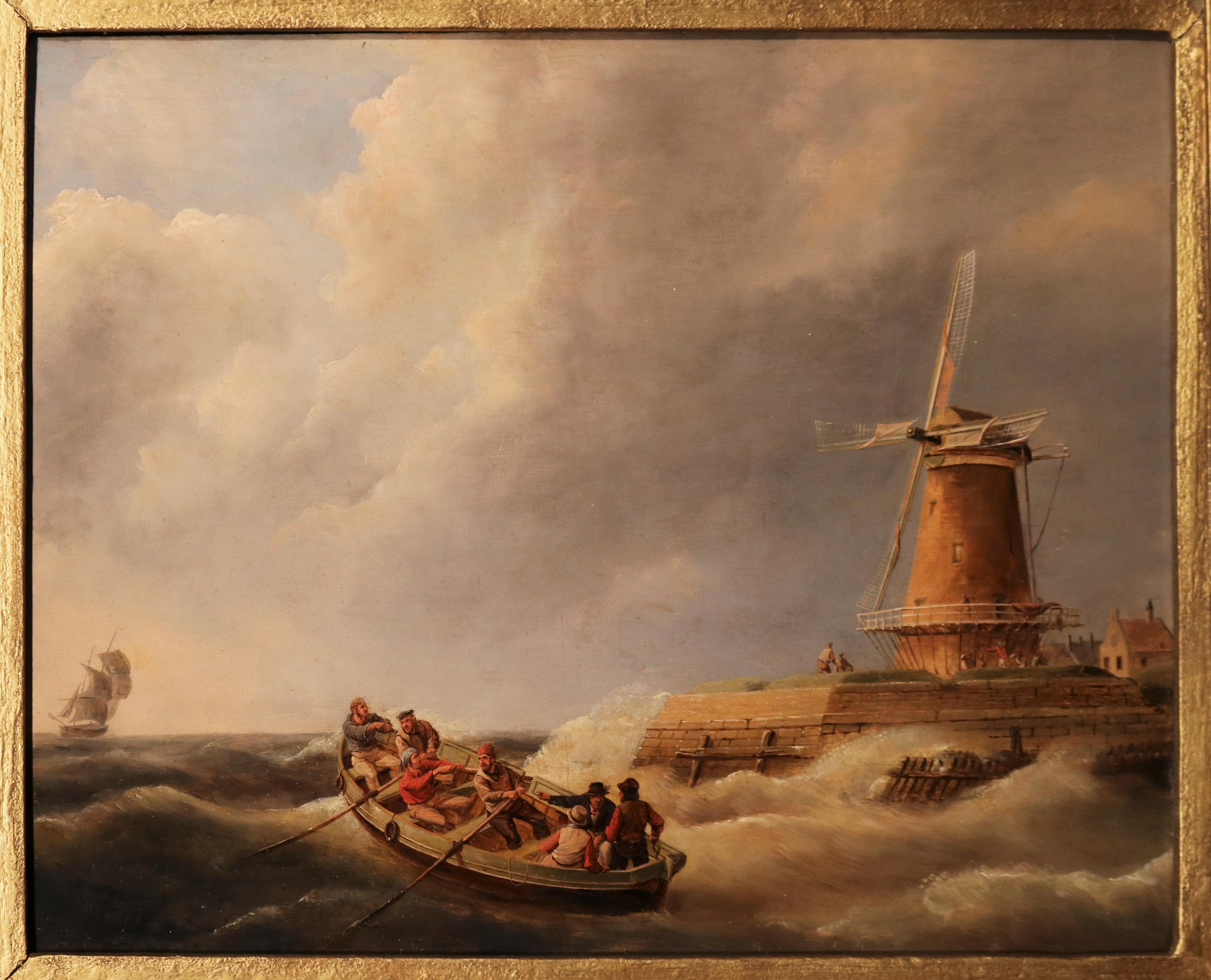 An early 19th century seascape oil on panel: depicting fishermen in stormy seas with windmill in contemporary carved giltwood frame. Dutch School. Signed: J.C. Schotel.