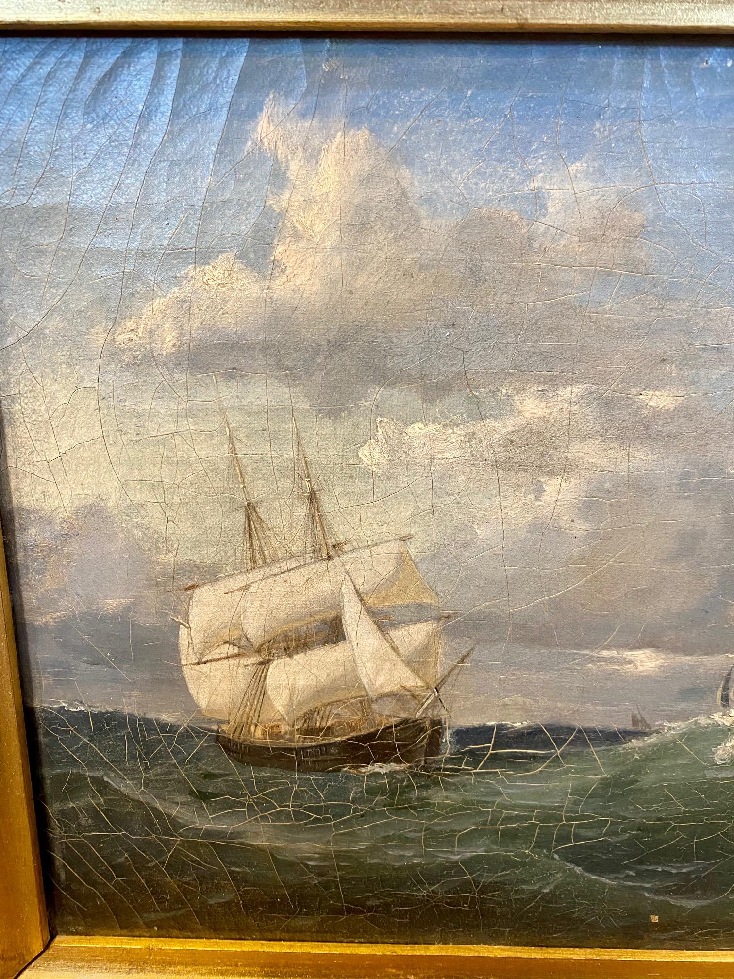 19th Century Seascape with a Brig in High Seas, signed illegibly and dated 1857, an oil on canvas painting featuring a Brig laboring in heavy seas under reefed topsails and top-gallants, another schooner under sail in background. The painting has a