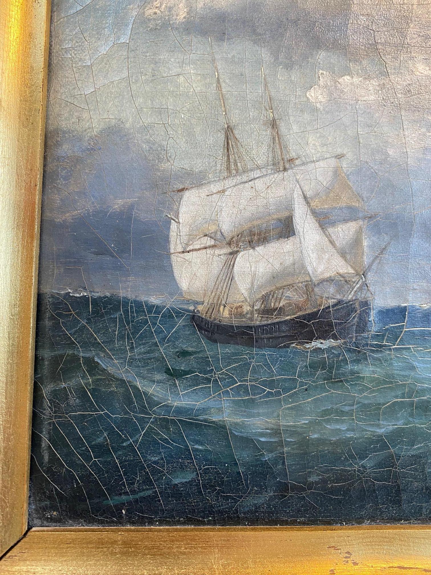 Unknown 19th Century Seascape with a Brig in High Seas For Sale
