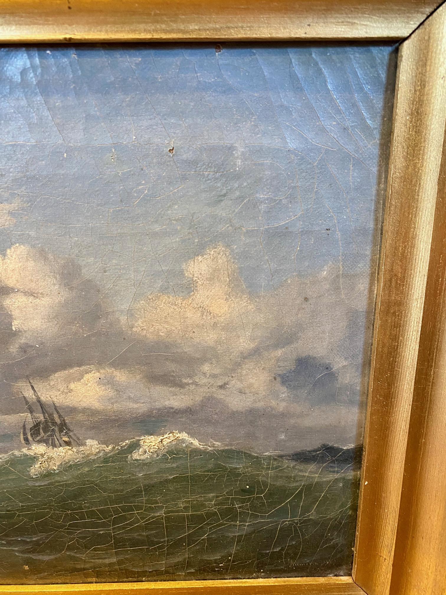 Hand-Painted 19th Century Seascape with a Brig in High Seas For Sale