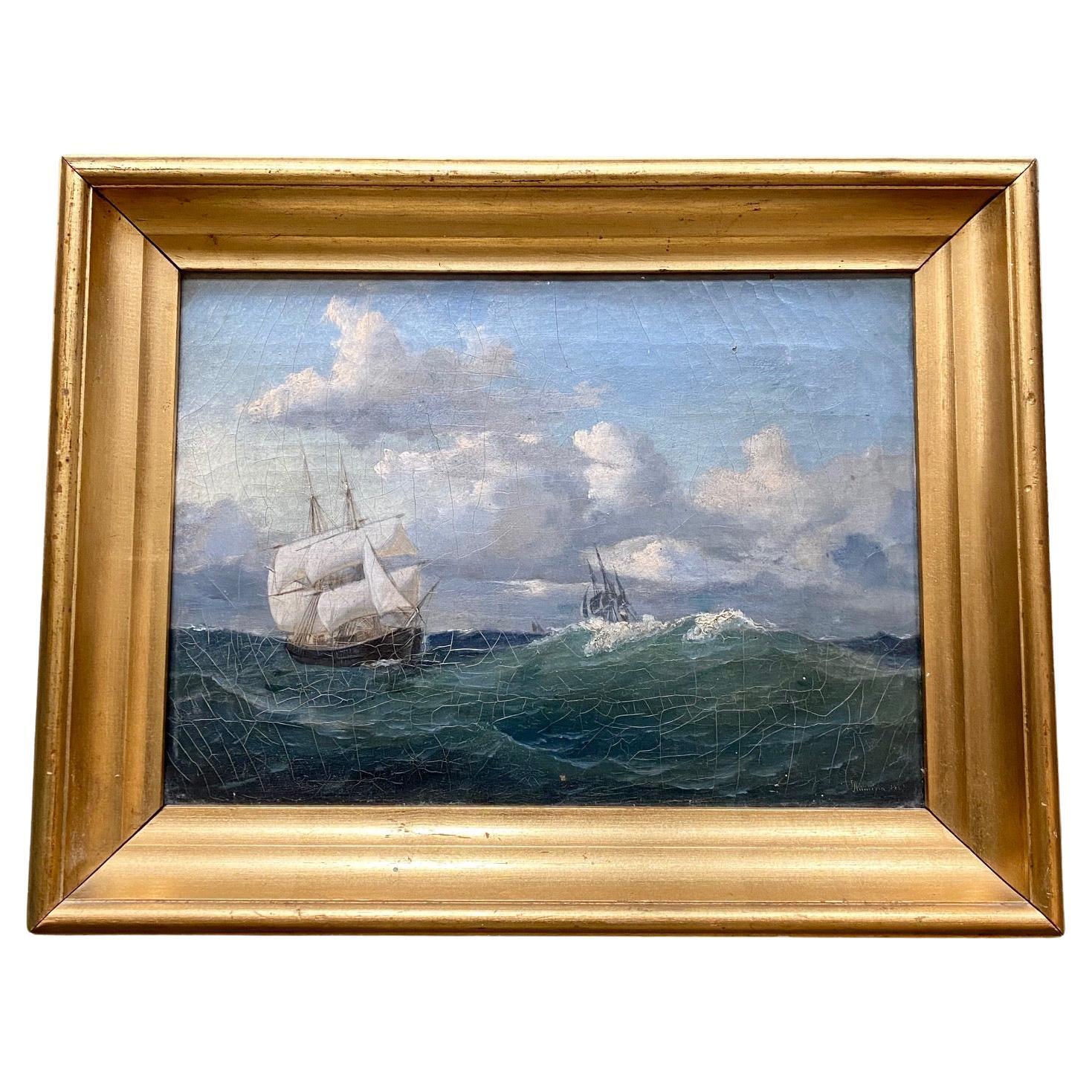 19th Century Seascape with a Brig in High Seas For Sale