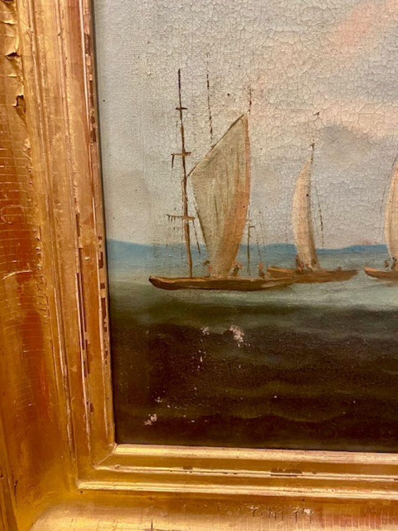19th Century Seascape with Brig Under Full Sail, British School, circa 1870, an oil on canvas seascape with a square-rigged Brig under sail on the high seas, with several fishing luggers and small craft sailing in background, crew visible on decks,
