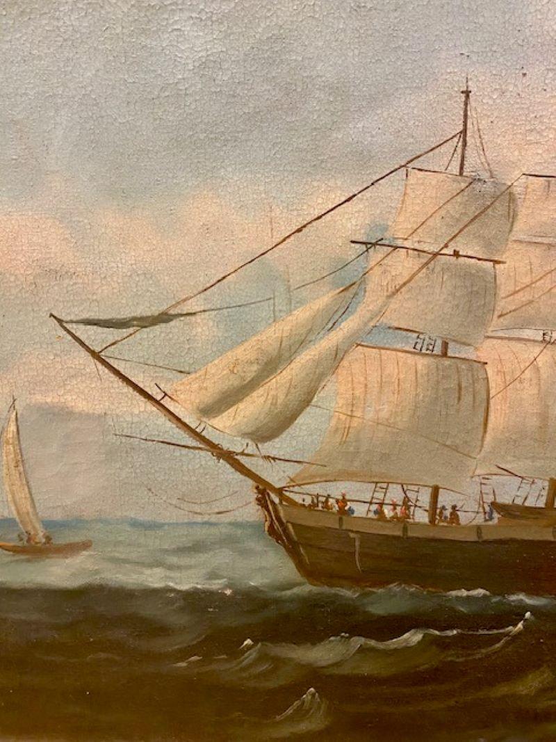 Victorien Paysage marin du 19e siècle avec un brick en pleine navigation en vente