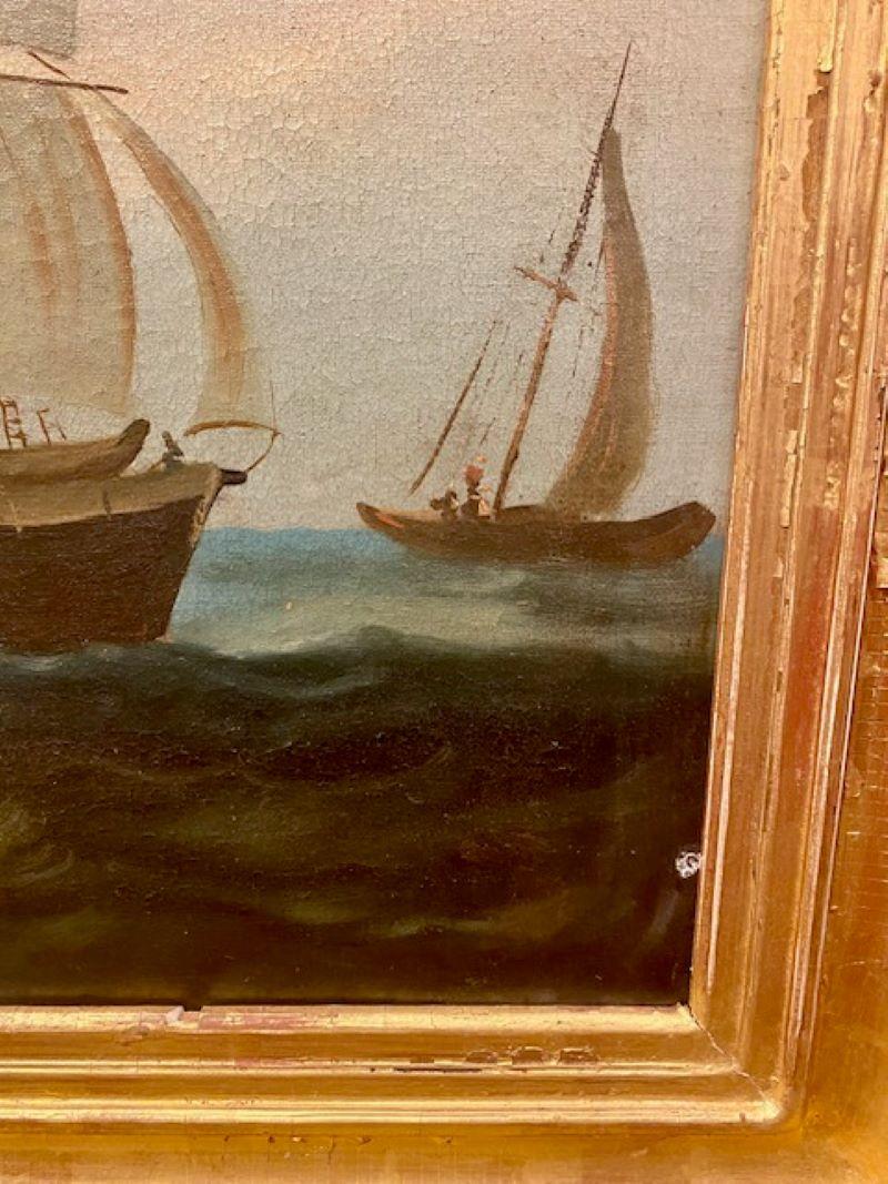 Hand-Painted 19th Century Seascape with Brig Under Full Sail For Sale