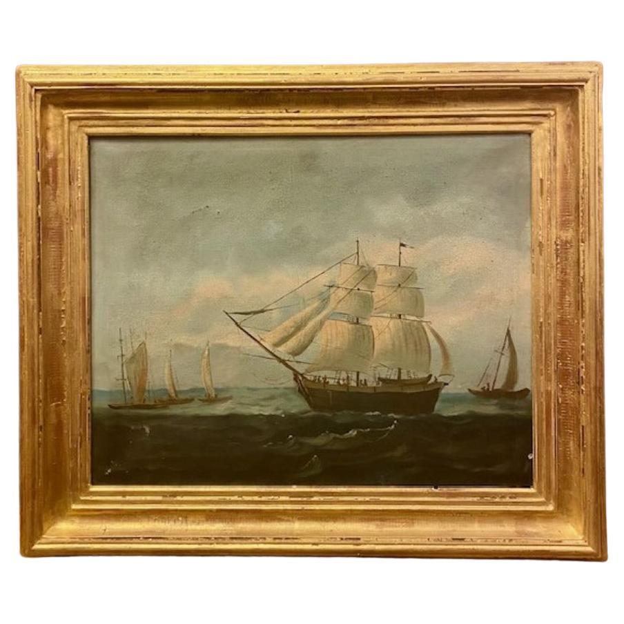 19th Century Seascape with Brig Under Full Sail