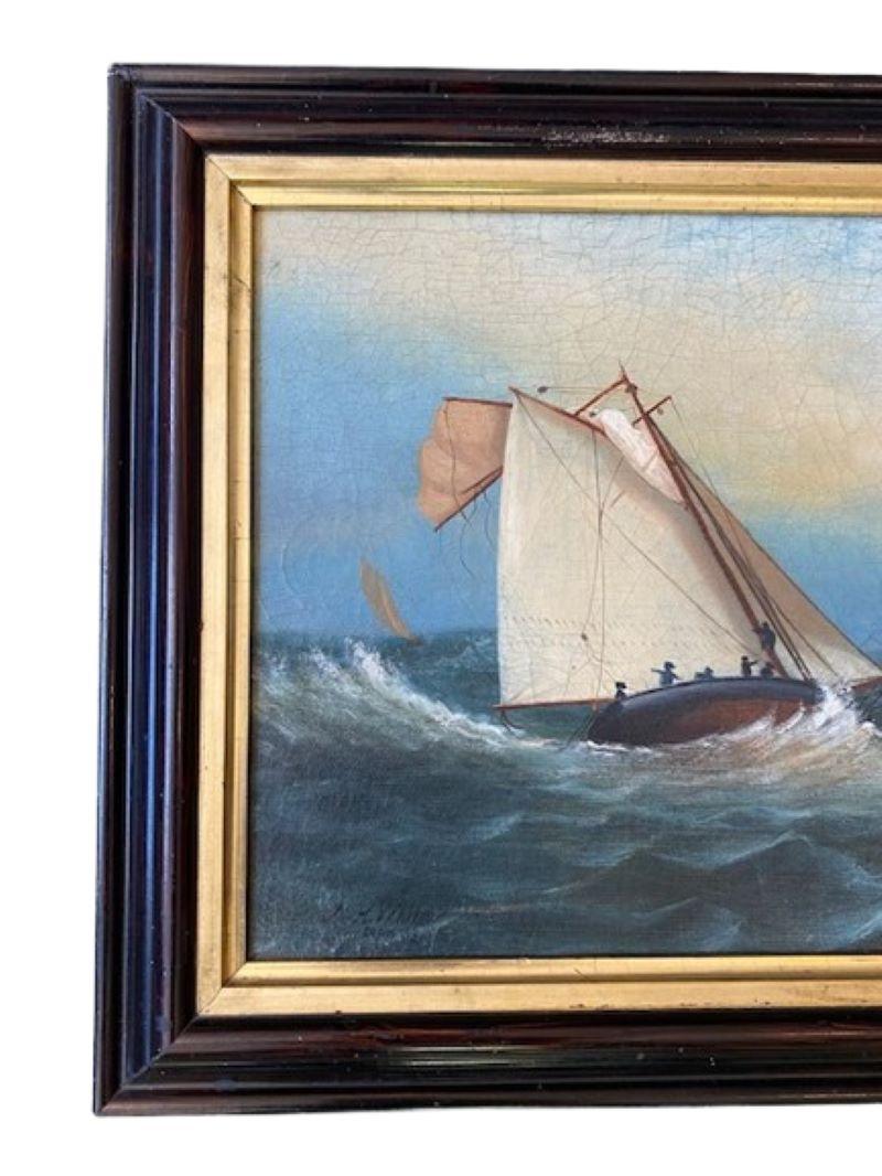 Paysage marin du 19e siècle avec sloop à gréement de cotre par N.H. Can, 1898, semble américain mais pourrait être de l'école anglaise de la mer du Nord ou de l'école hollandaise, une huile sur toile représentant un cotre au près luttant contre une