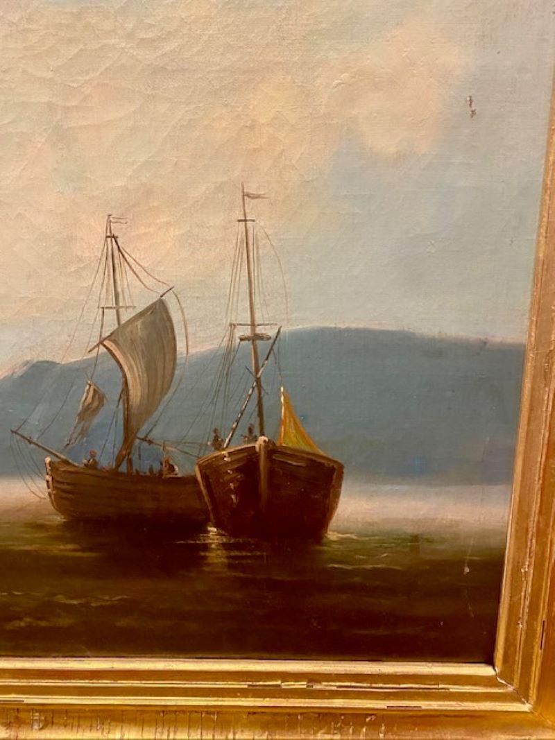 Victorien Paysage marin du 19e siècle avec bateaux de pêche sur la plage en vente
