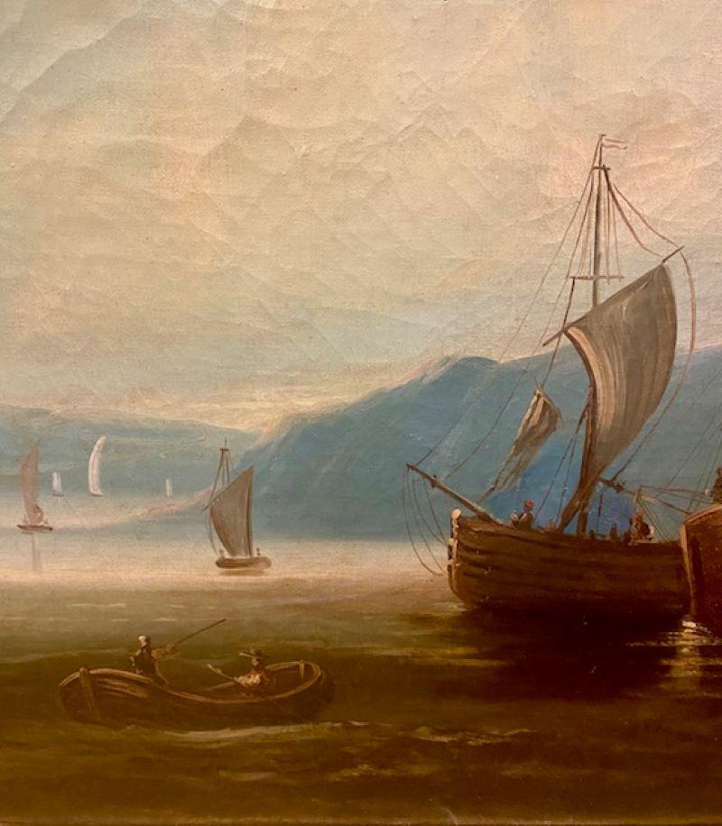English 19th Century Seascape with Fishing Boats on Beach For Sale