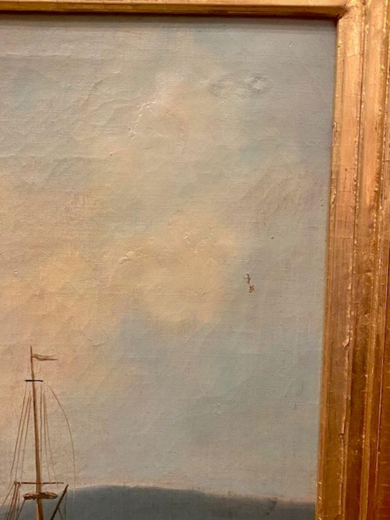 Peint à la main Paysage marin du 19e siècle avec bateaux de pêche sur la plage en vente