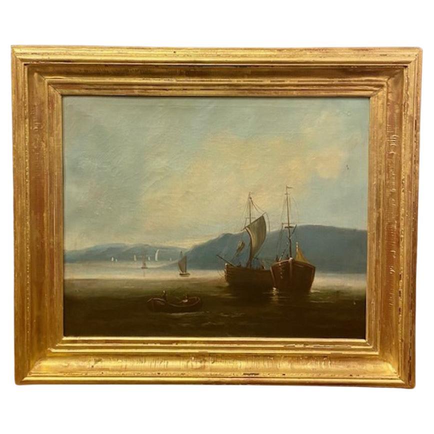 Meereslandschaft des 19. Jahrhunderts mit Fischerbooten am Strand im Angebot