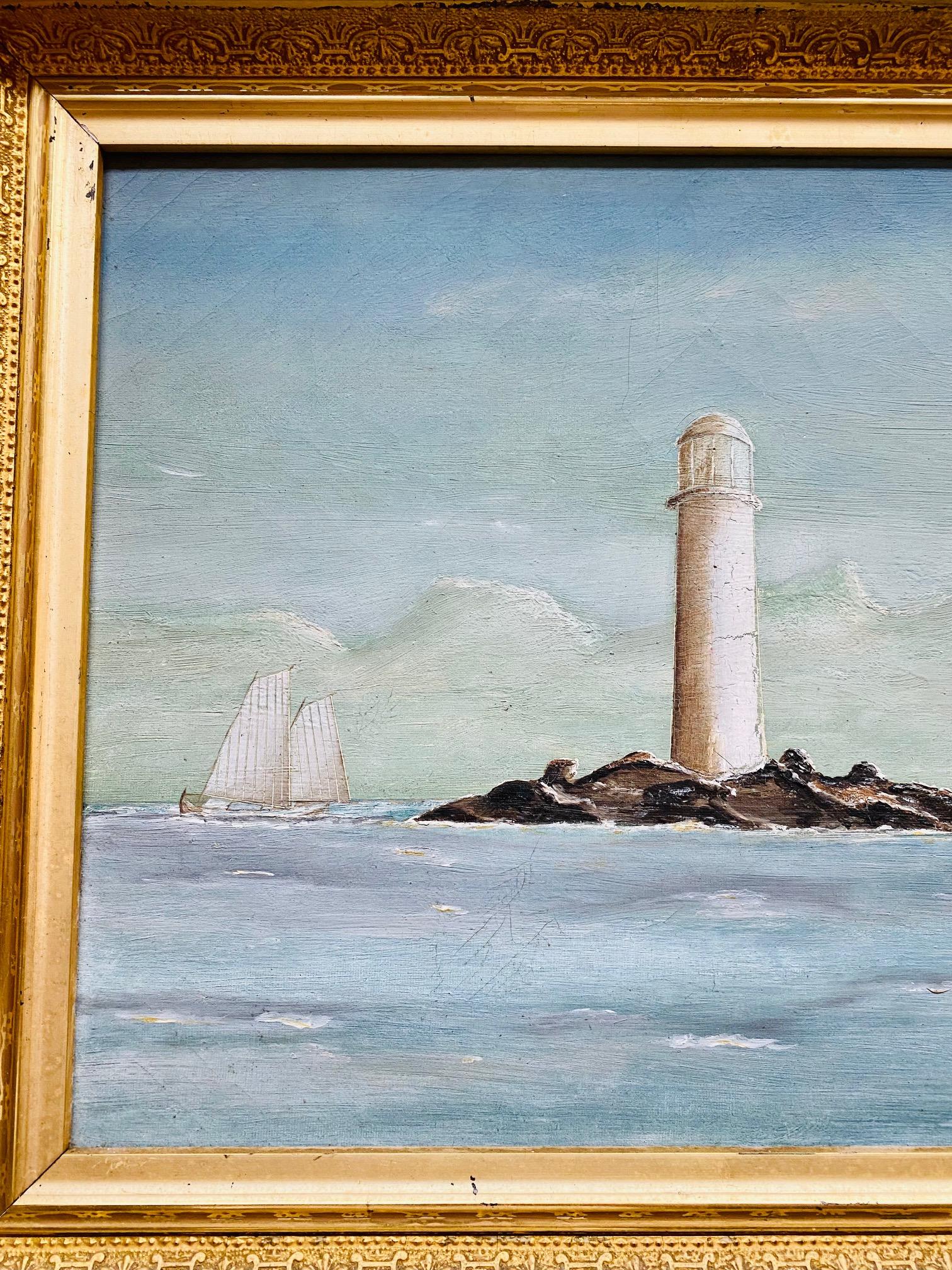 19th Century seascape with lighthouse, circa 1890, an oil on canvas view of a white-washed lighthouse tower on a small offshore rocky ledge, most likely Minot's Ledge off the Massachusetts South Shore (the famous 