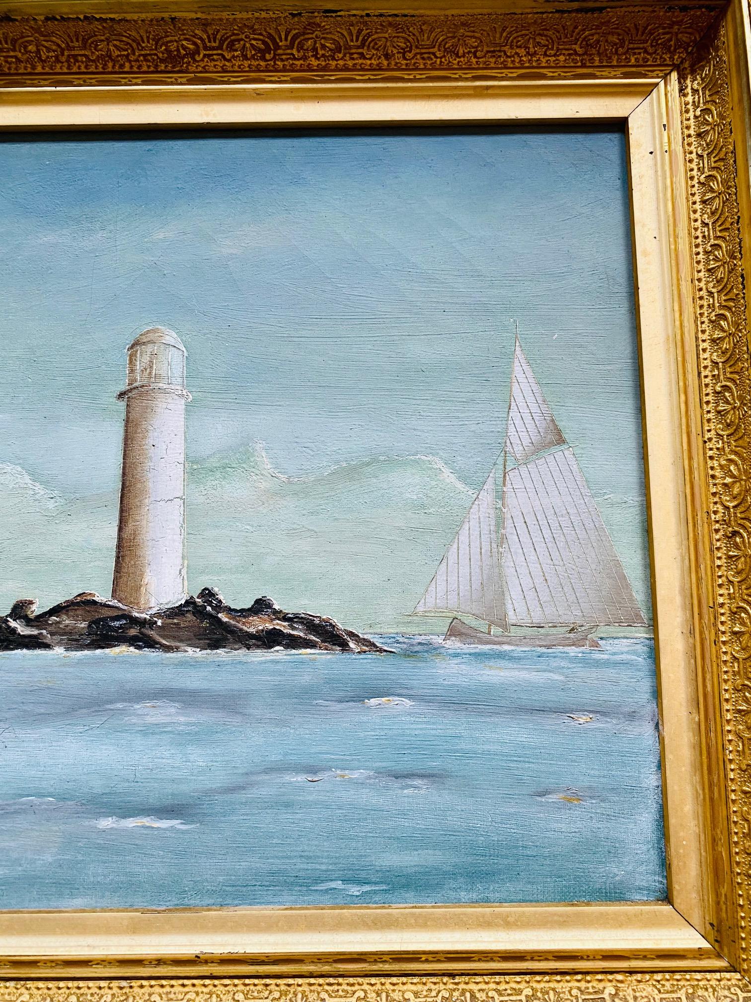 Folk Art 19th Century Seascape with Lighthouse For Sale