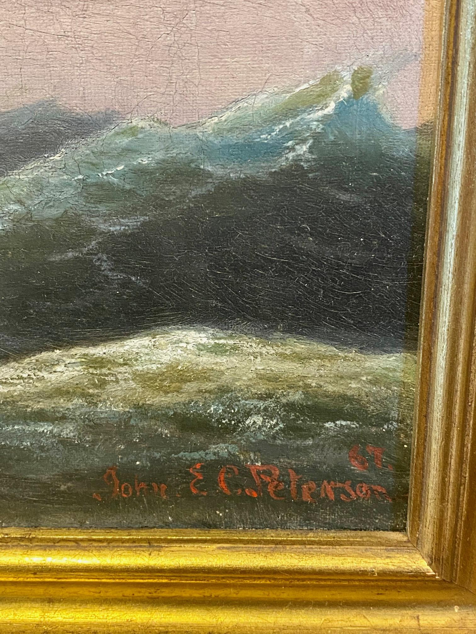 19th Century Seascape with Ship ion a Storm, by John Erik Christian Peterson (Danish American: 1839 - 1874), circa 1867, an oil on canvas stormy seascape with ship scudding under fore and main coarses, reefed topsails and furled royals and
