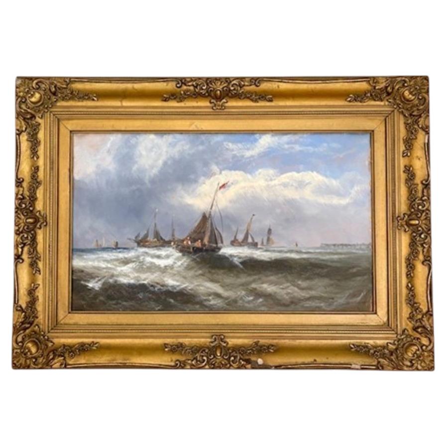 Paysage marin du XIXe siècle avec petite embarcation en mer agitée en vente