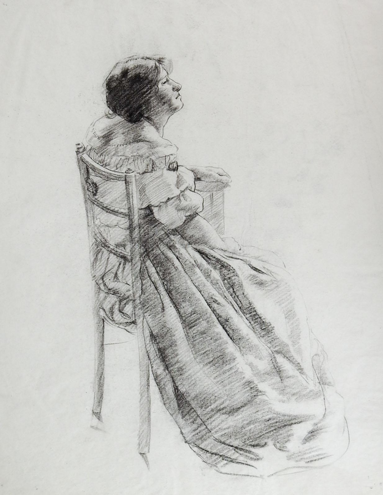 Pencil on thin paper study of woman in chair.  Late 19th century, unsigned.  Unframed, minor smudging.