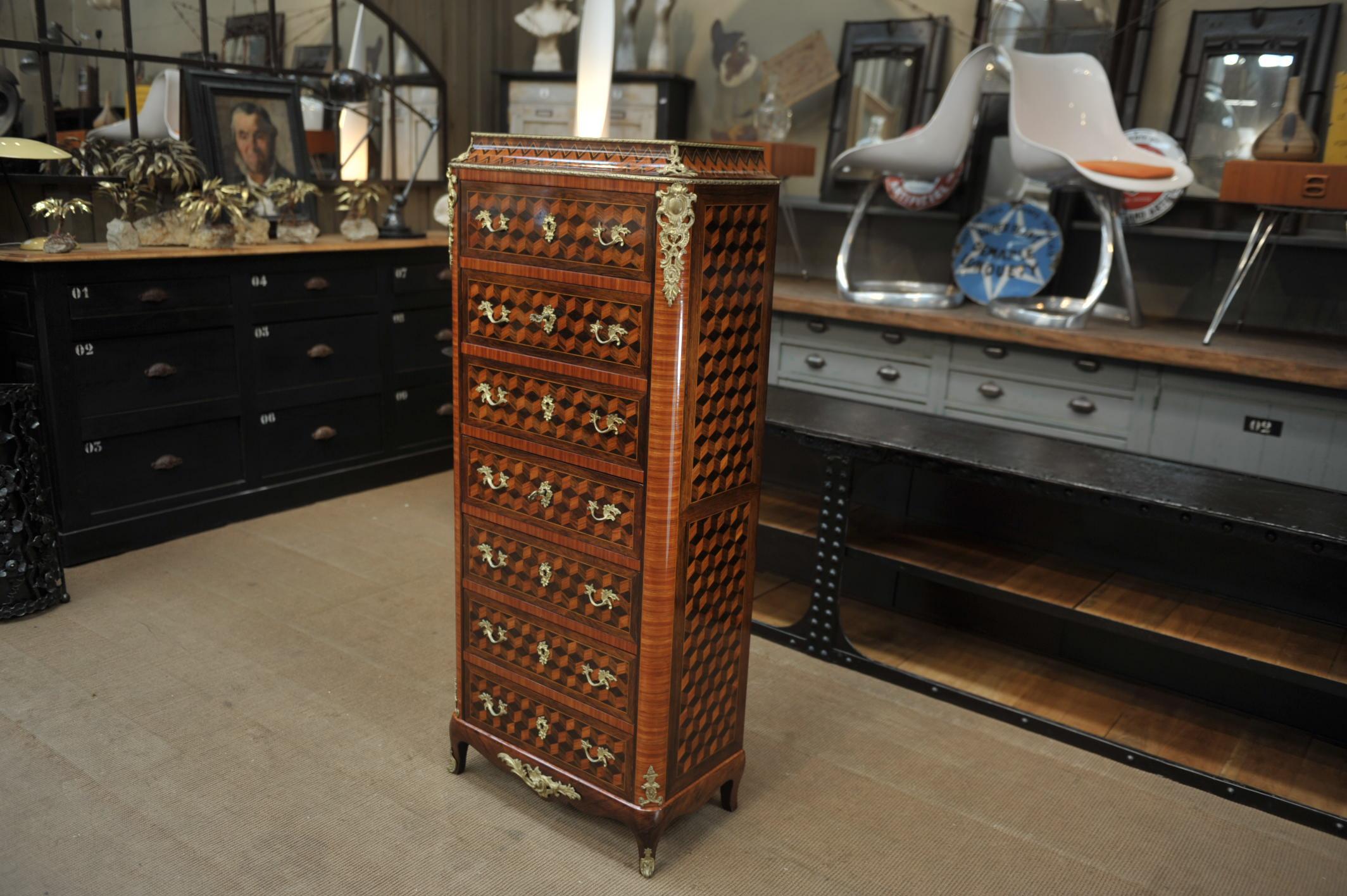 Bronze 19th Century Secretaire and Drawer Marqueterie Cabinet For Sale