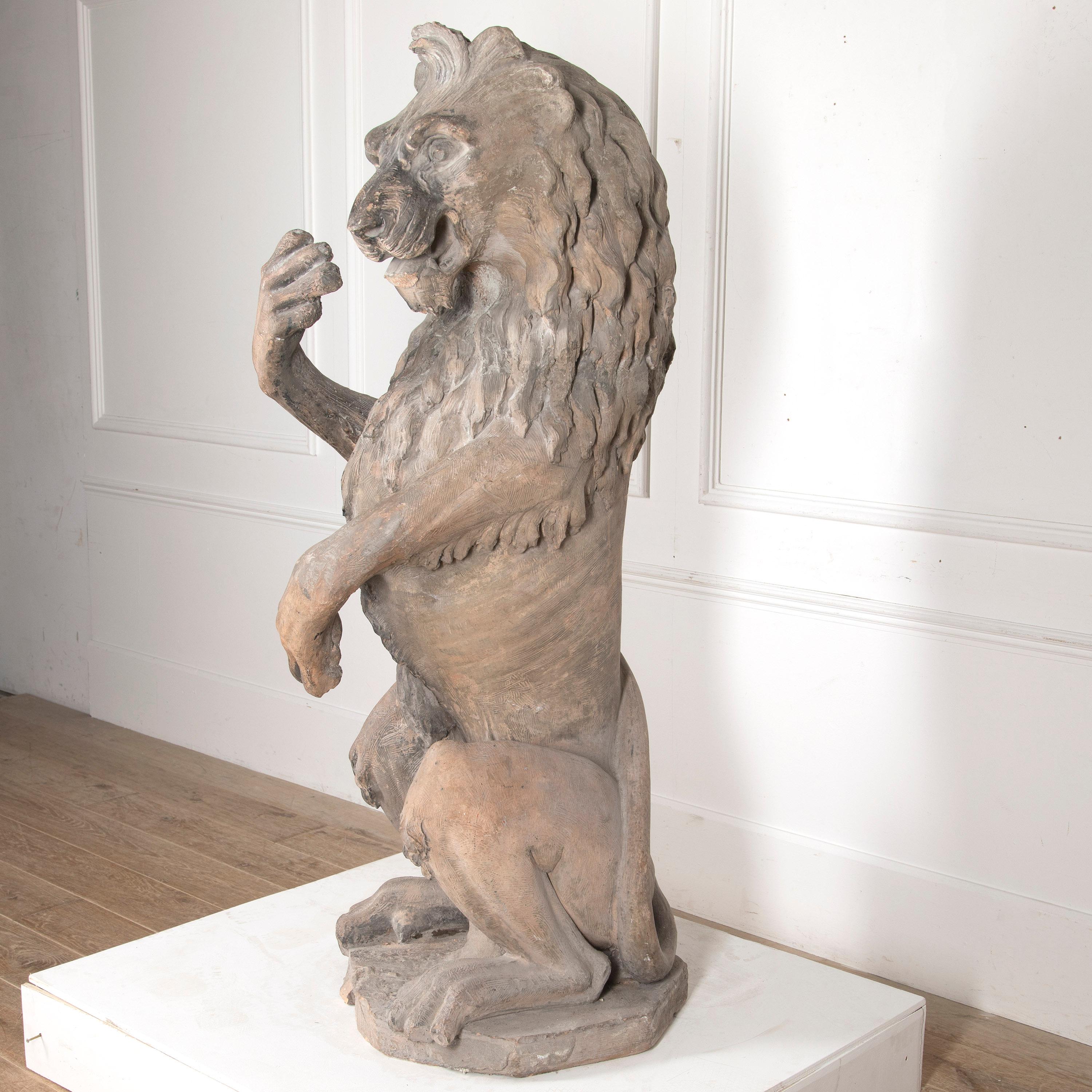Terracotta 19th Century Sejant-Rampant Lion Statue