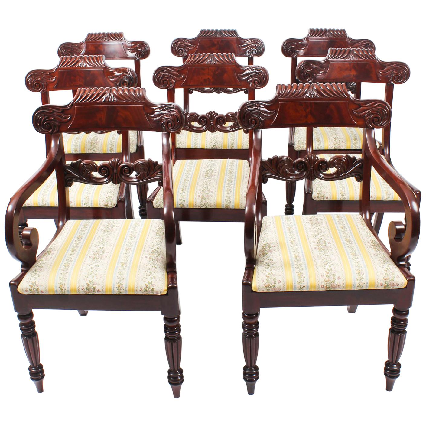 19th Century Set 8 Regency Flame Mahogany Dining Chairs in the Manner of Gillows