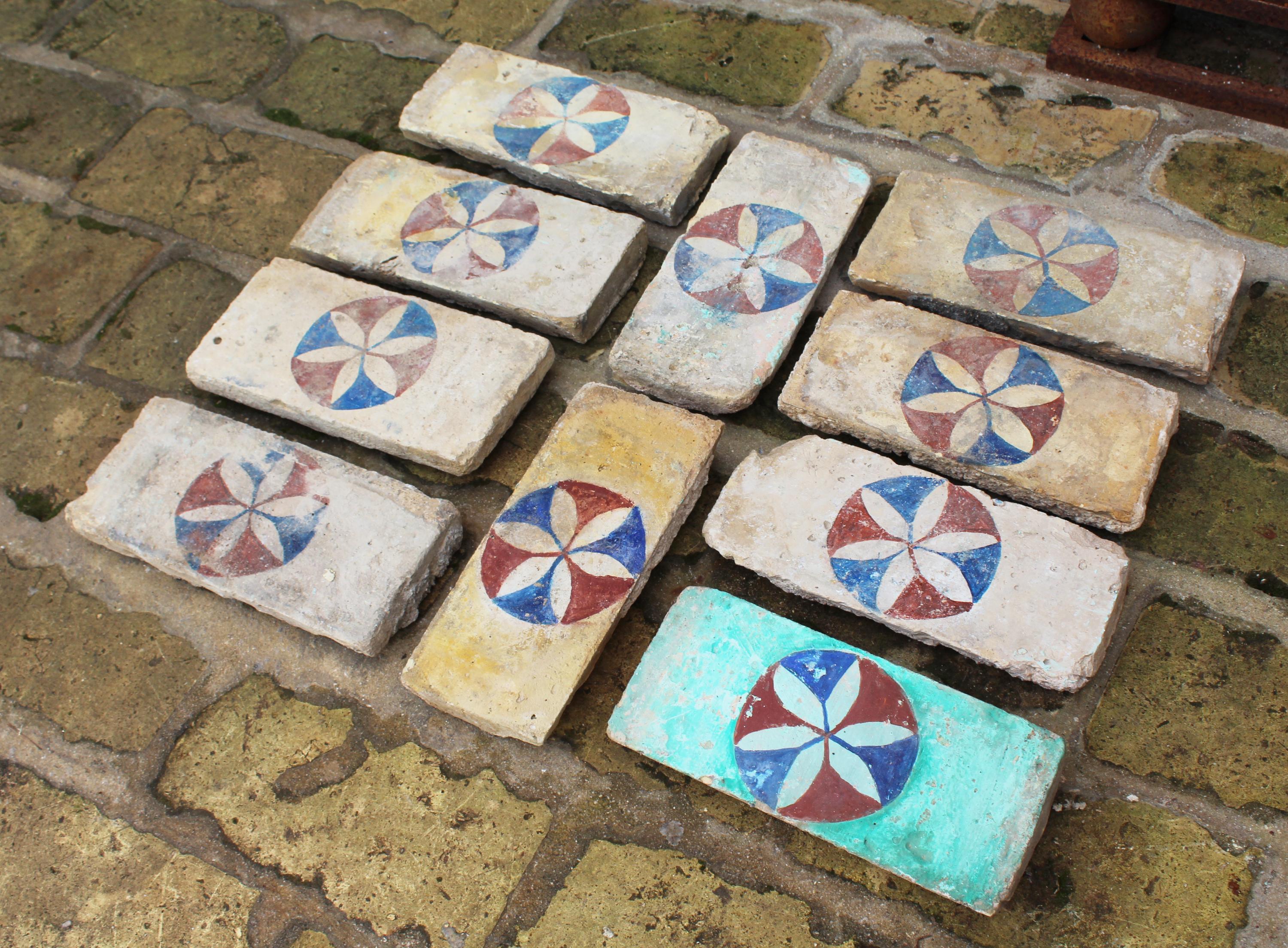 Spanish 19th Century Set of 10 Andalusia Hand Painted Bricks with Flower Motif