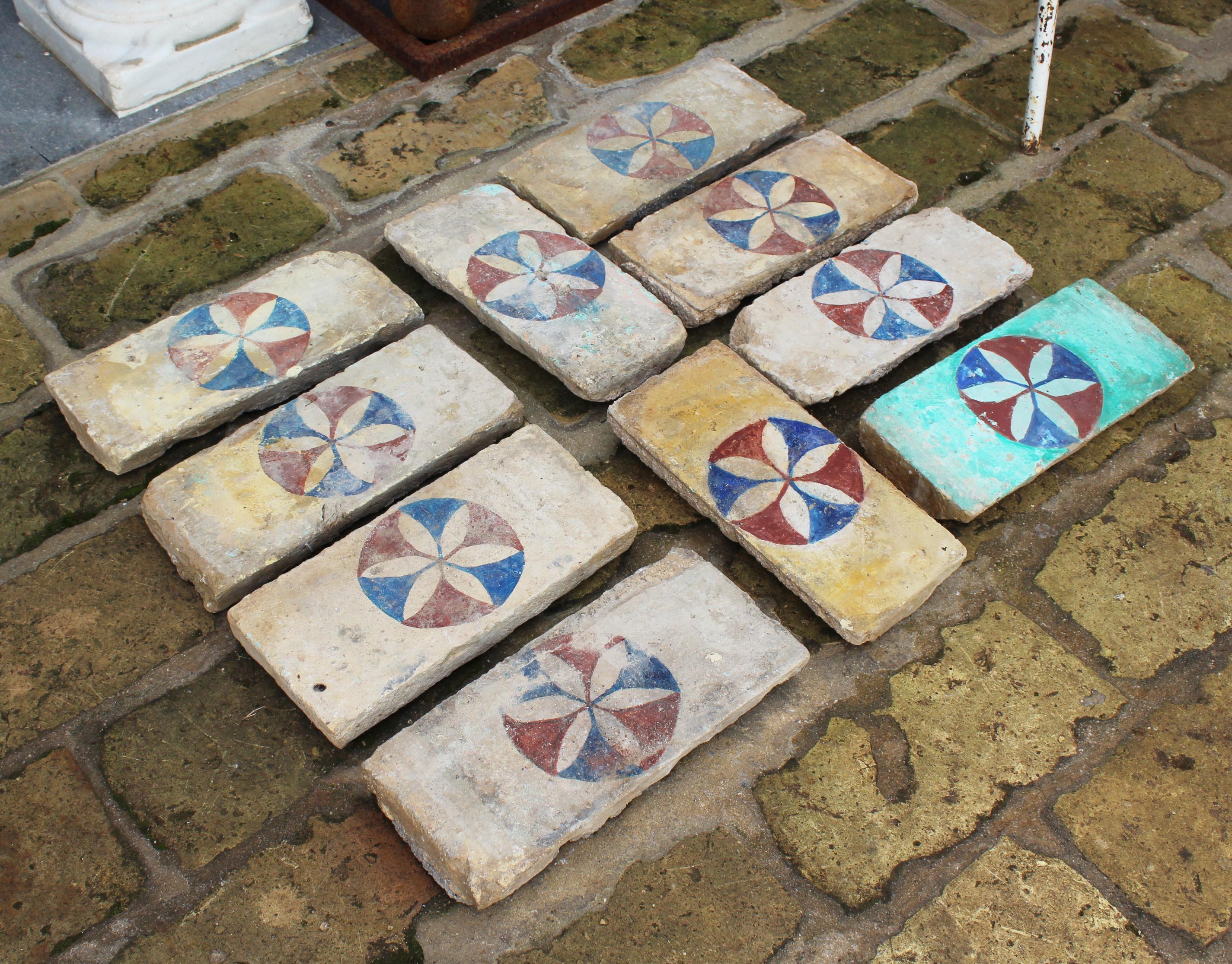 18th Century and Earlier 19th Century Set of 10 Andalusia Hand Painted Bricks with Flower Motif