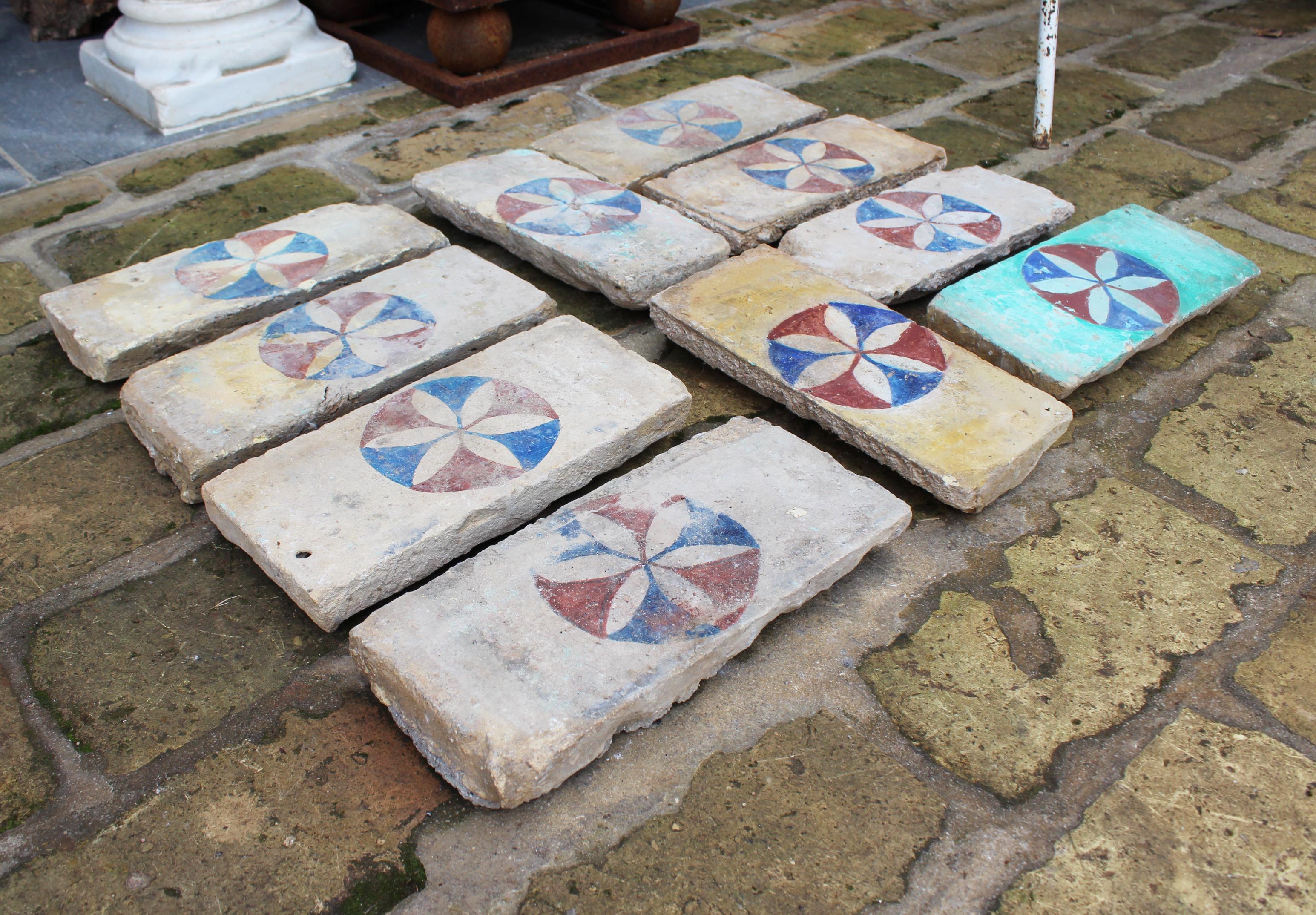 Terracotta 19th Century Set of 10 Andalusia Hand Painted Bricks with Flower Motif