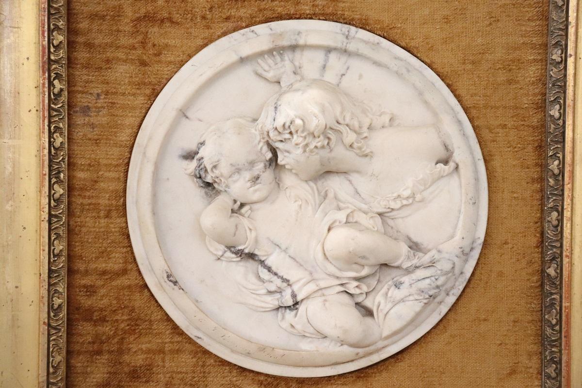 19th Century Set of 2 White Marble Bas-Relief Sculptures with Frame, Signed 5
