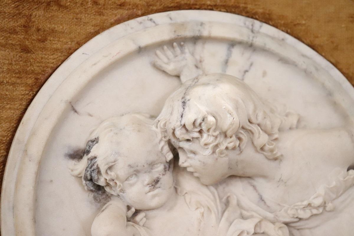 19th Century Set of 2 White Marble Bas-Relief Sculptures with Frame, Signed 6