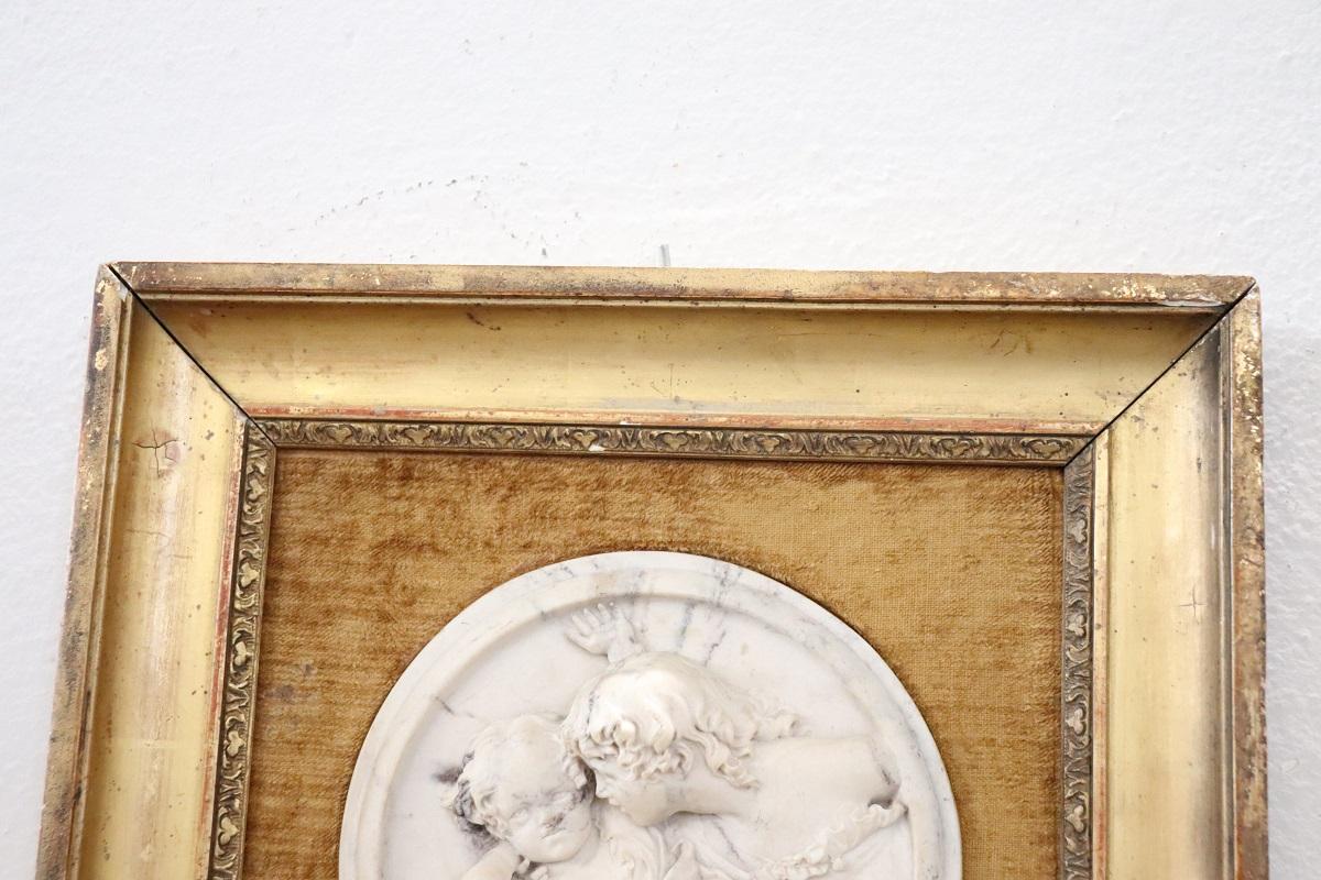 19th Century Set of 2 White Marble Bas-Relief Sculptures with Frame, Signed 10