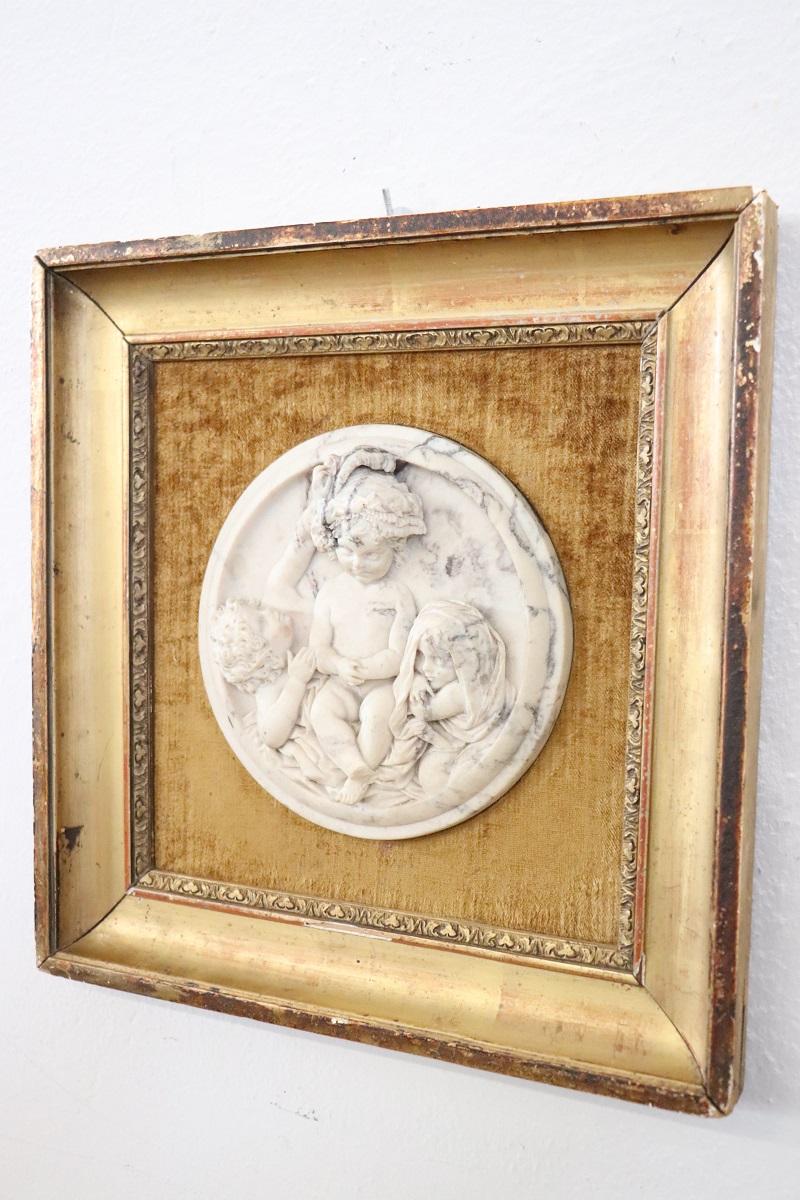 19th Century Set of 2 White Marble Bas-Relief Sculptures with Frame, Signed 11