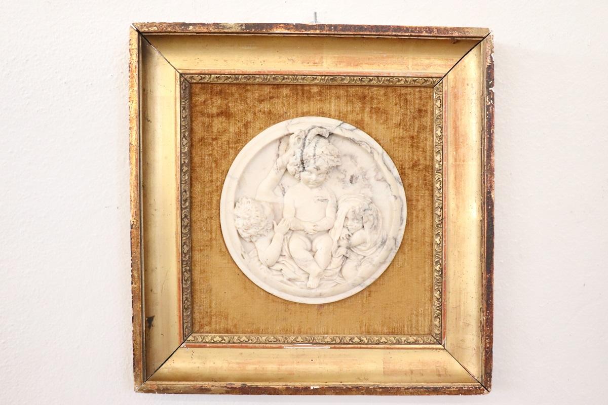Unknown 19th Century Set of 2 White Marble Bas-Relief Sculptures with Frame, Signed