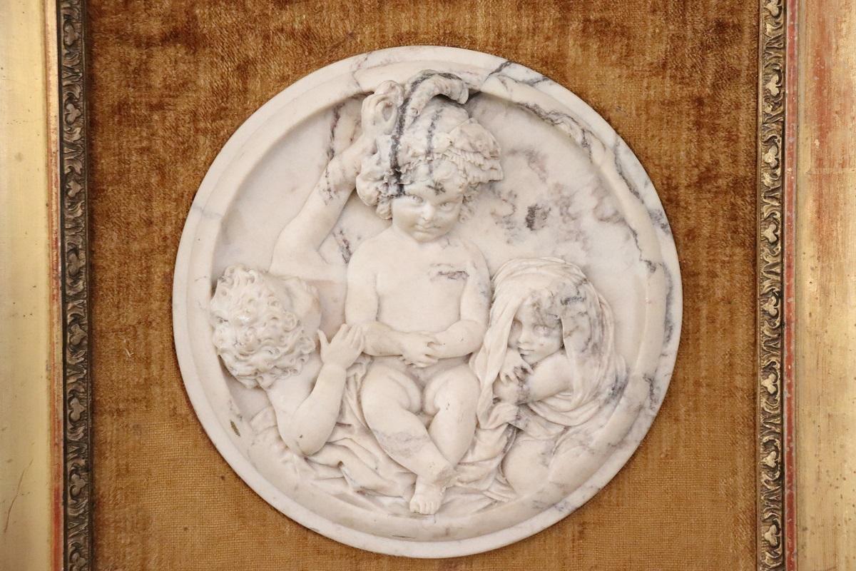 Hand-Carved 19th Century Set of 2 White Marble Bas-Relief Sculptures with Frame, Signed