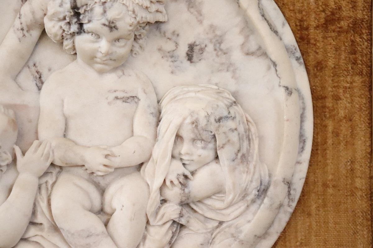 19th Century Set of 2 White Marble Bas-Relief Sculptures with Frame, Signed 1