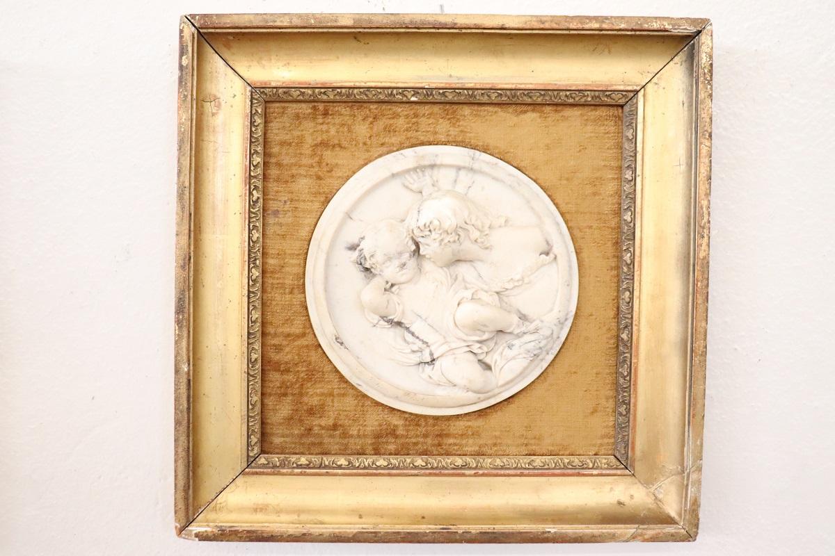 19th Century Set of 2 White Marble Bas-Relief Sculptures with Frame, Signed 4
