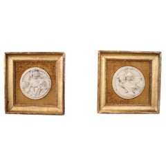 19th Century Set of 2 White Marble Bas-Relief Sculptures with Frame, Signed