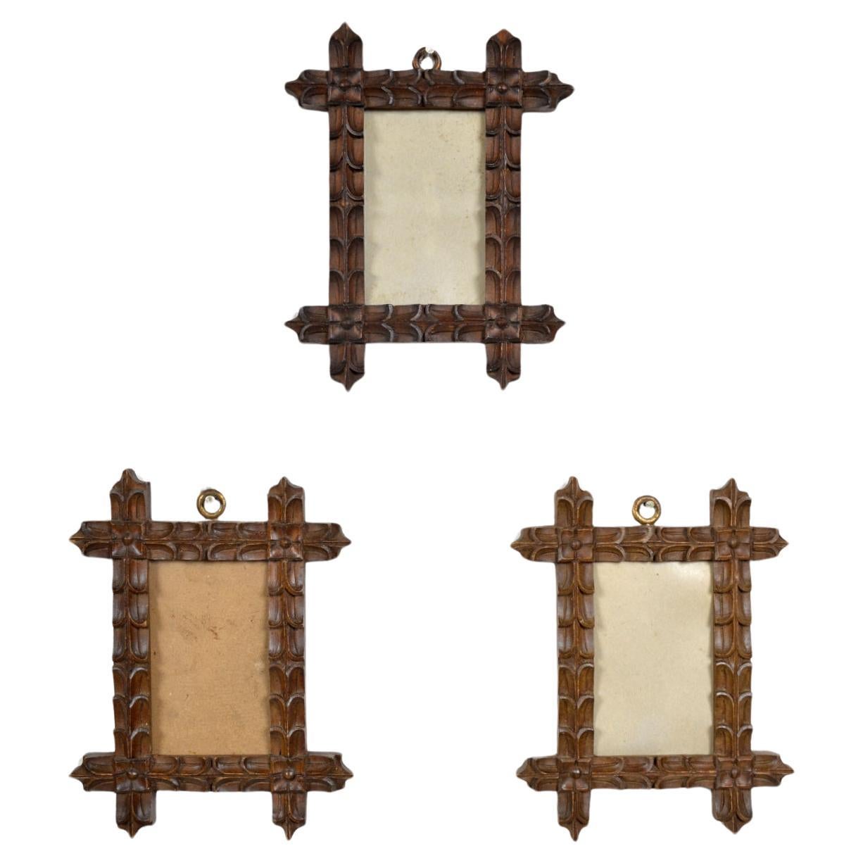 19th Century Set of 3 Bavarian Black Forest Fruitwood Picture Frames Folk Art 