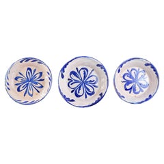 19th Century, Set of 3 Fajalauza Granada Blue & White Bowls - Spanish Majolica
