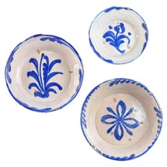 19th Century, Set of 3 Fajalauza Granada Blue & White Bowls - Spanish Majolica