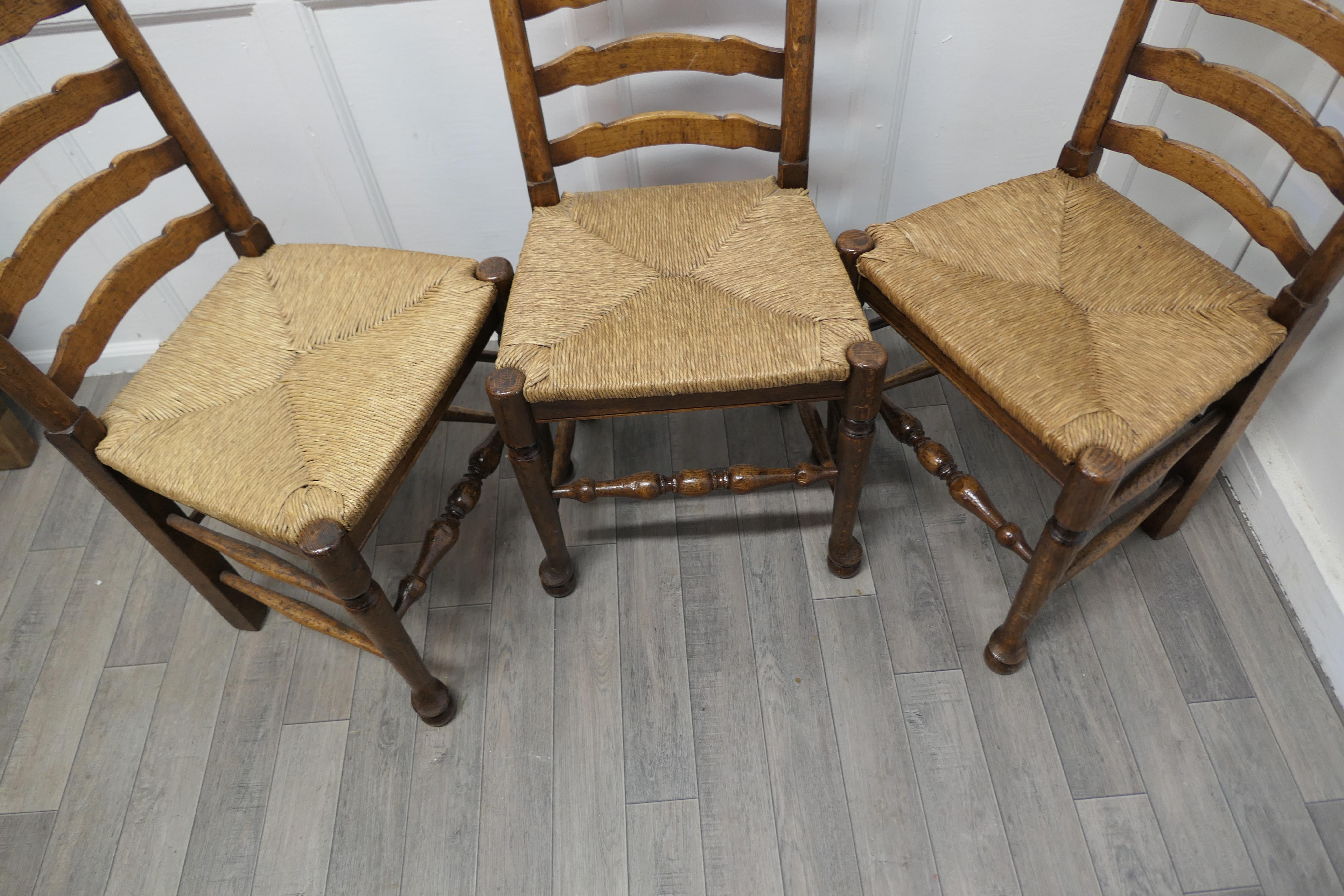 Mid-19th Century 19th Century Set of 3 Farmhouse Ladder Back Dining Chairs  For Sale