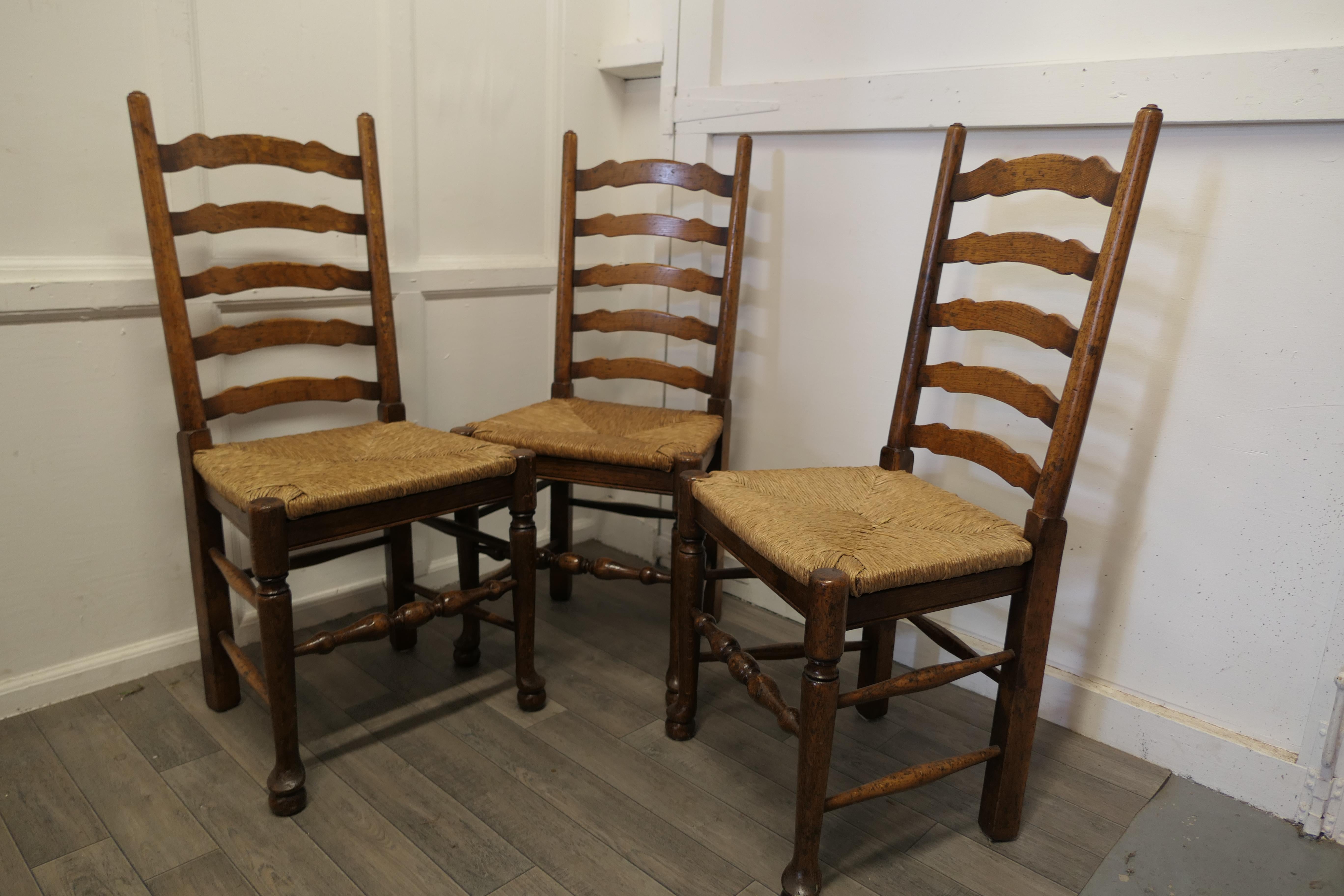 Oak 19th Century Set of 3 Farmhouse Ladder Back Dining Chairs  For Sale