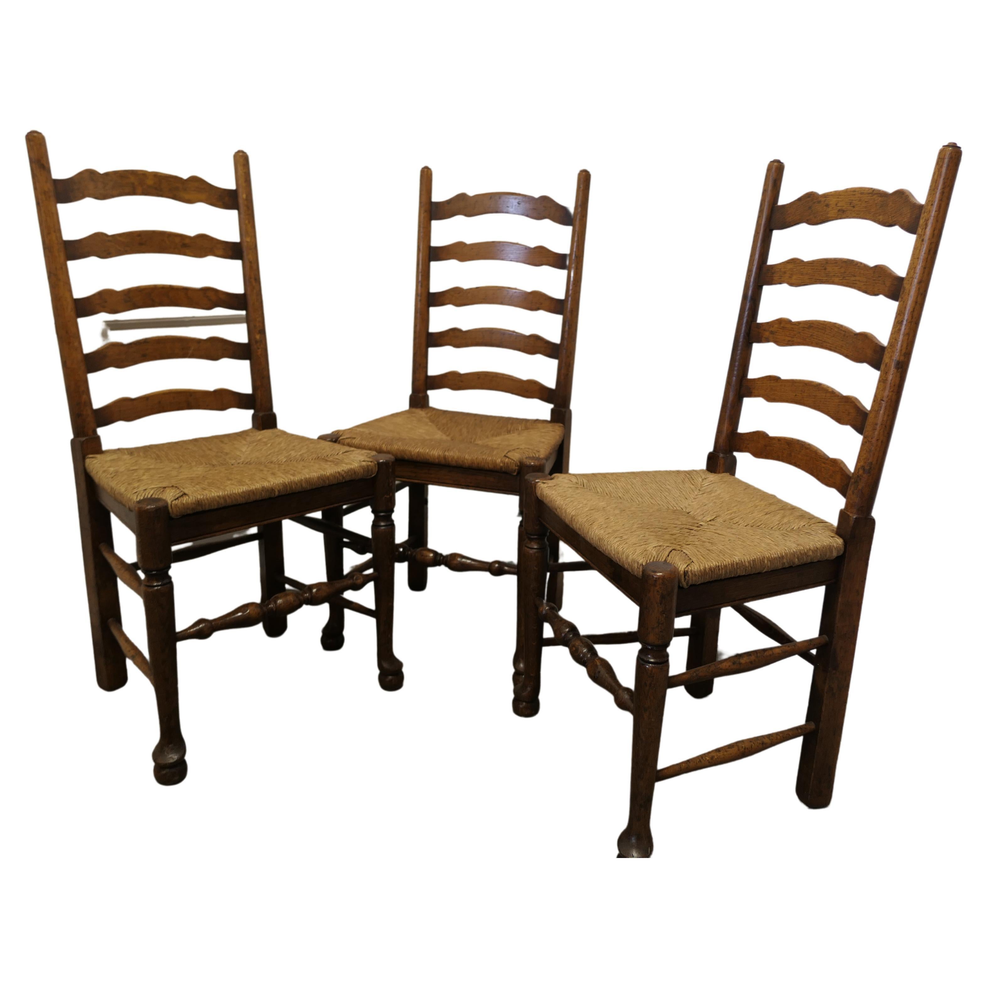 19th Century Set of 3 Farmhouse Ladder Back Dining Chairs  For Sale