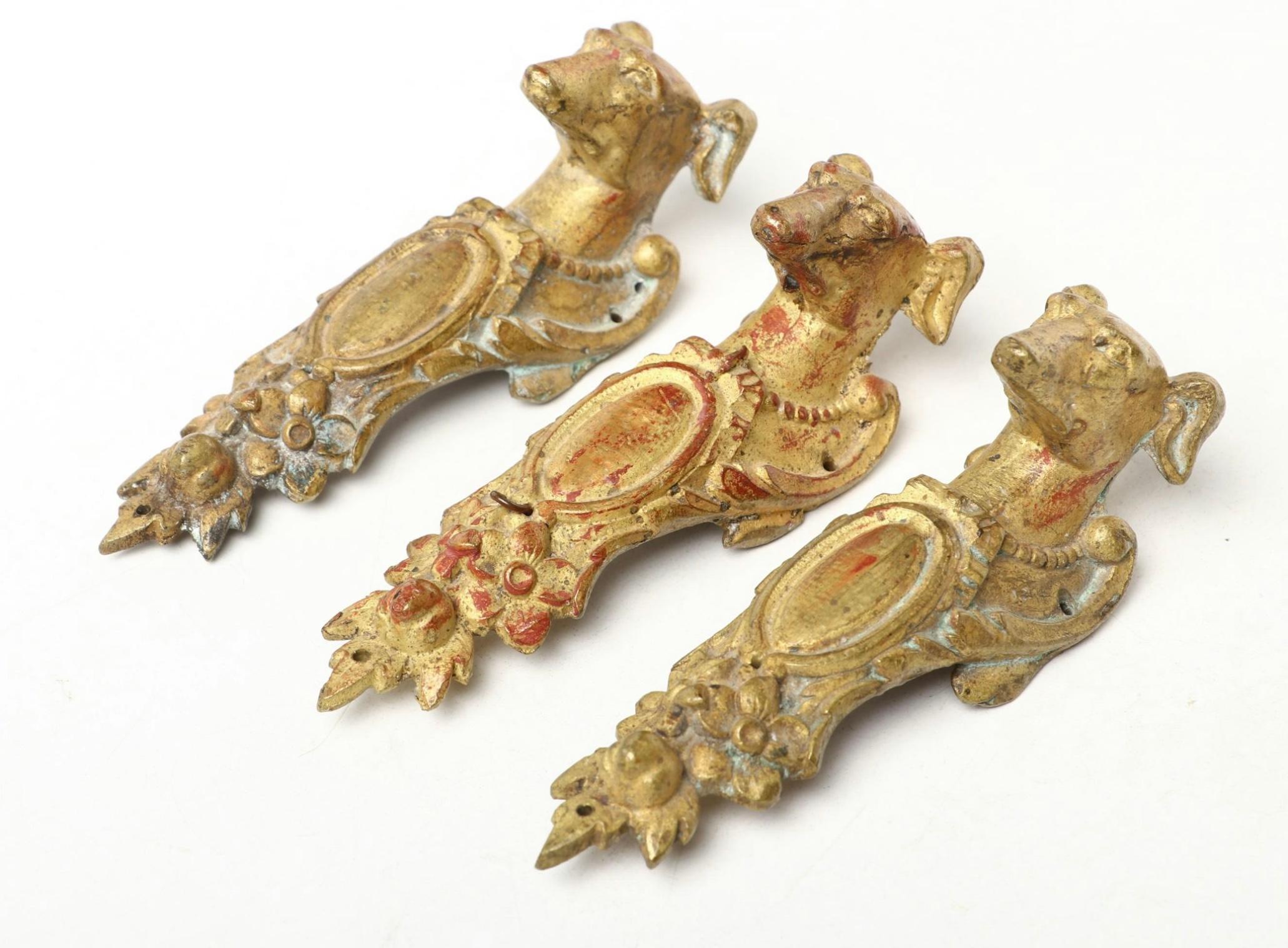 Unknown 19th Century set of 3 Gilt Bronze Dog Head Door Handles or Drawer Pulls For Sale