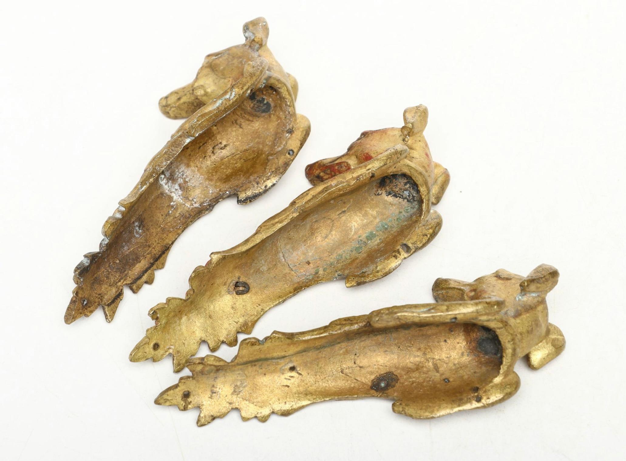 Hand-Crafted 19th Century set of 3 Gilt Bronze Dog Head Door Handles or Drawer Pulls For Sale