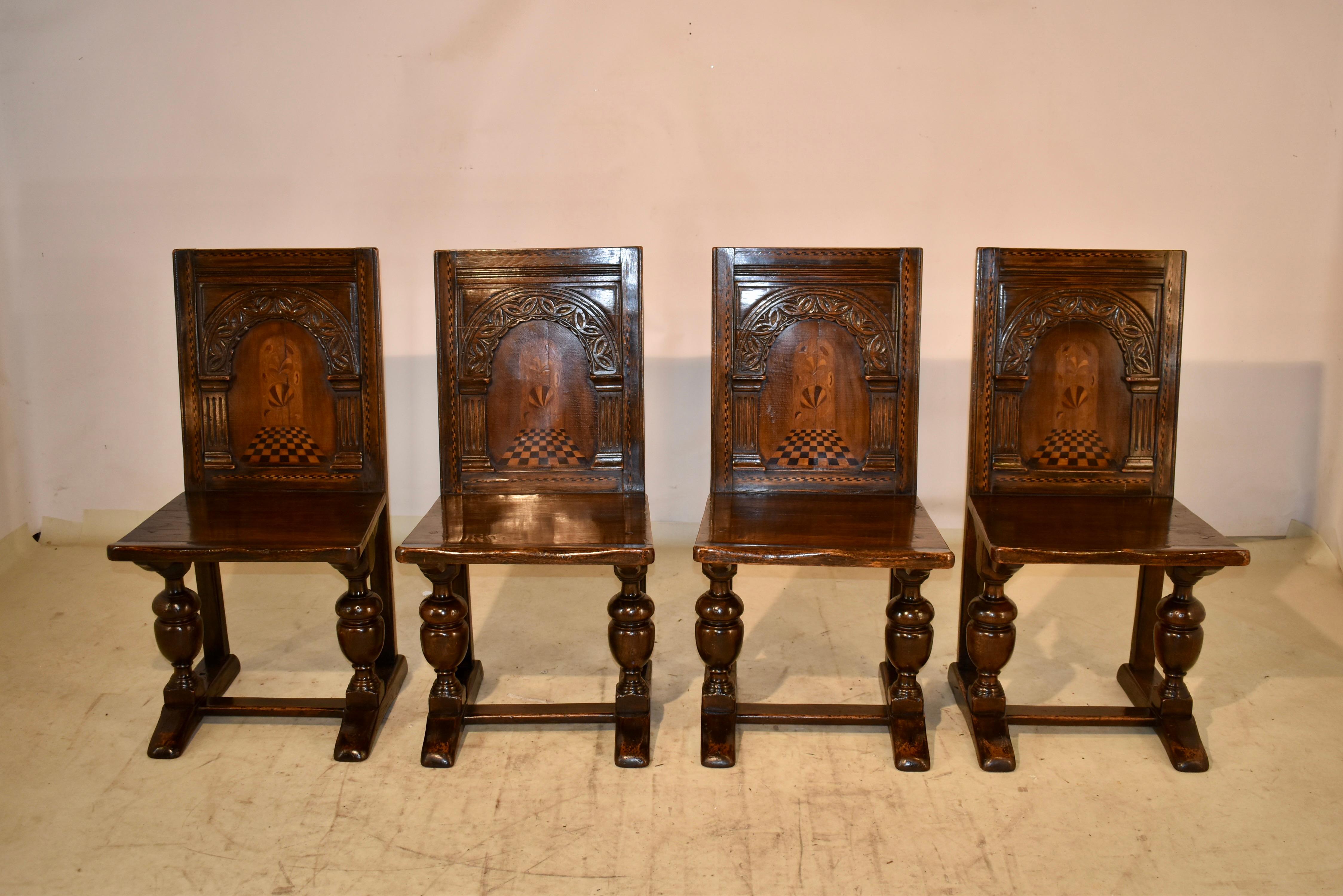 19th Century Set of 4 English Oak Parquetry Chairs For Sale 7