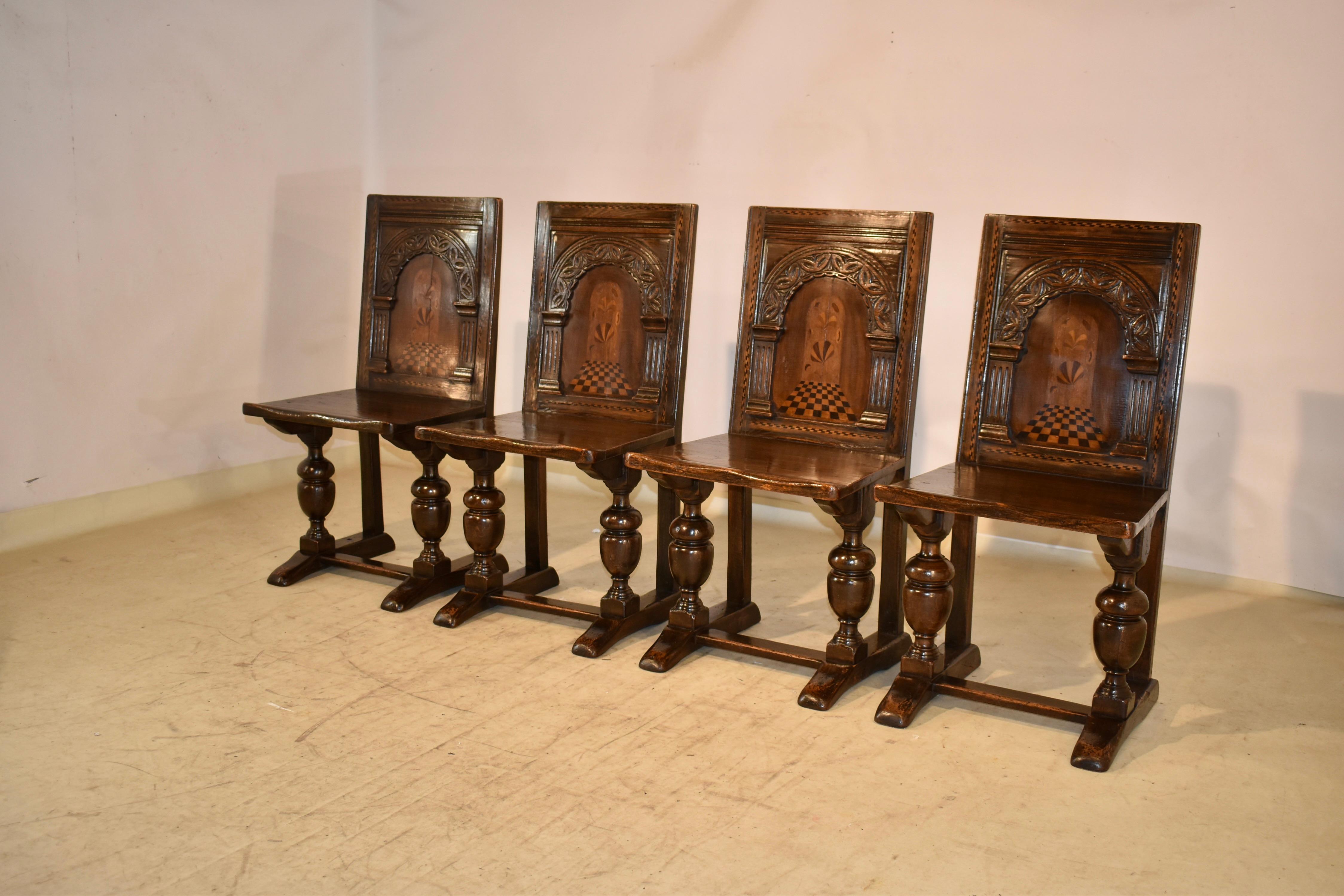 19th Century Set of 4 English Oak Parquetry Chairs For Sale 8