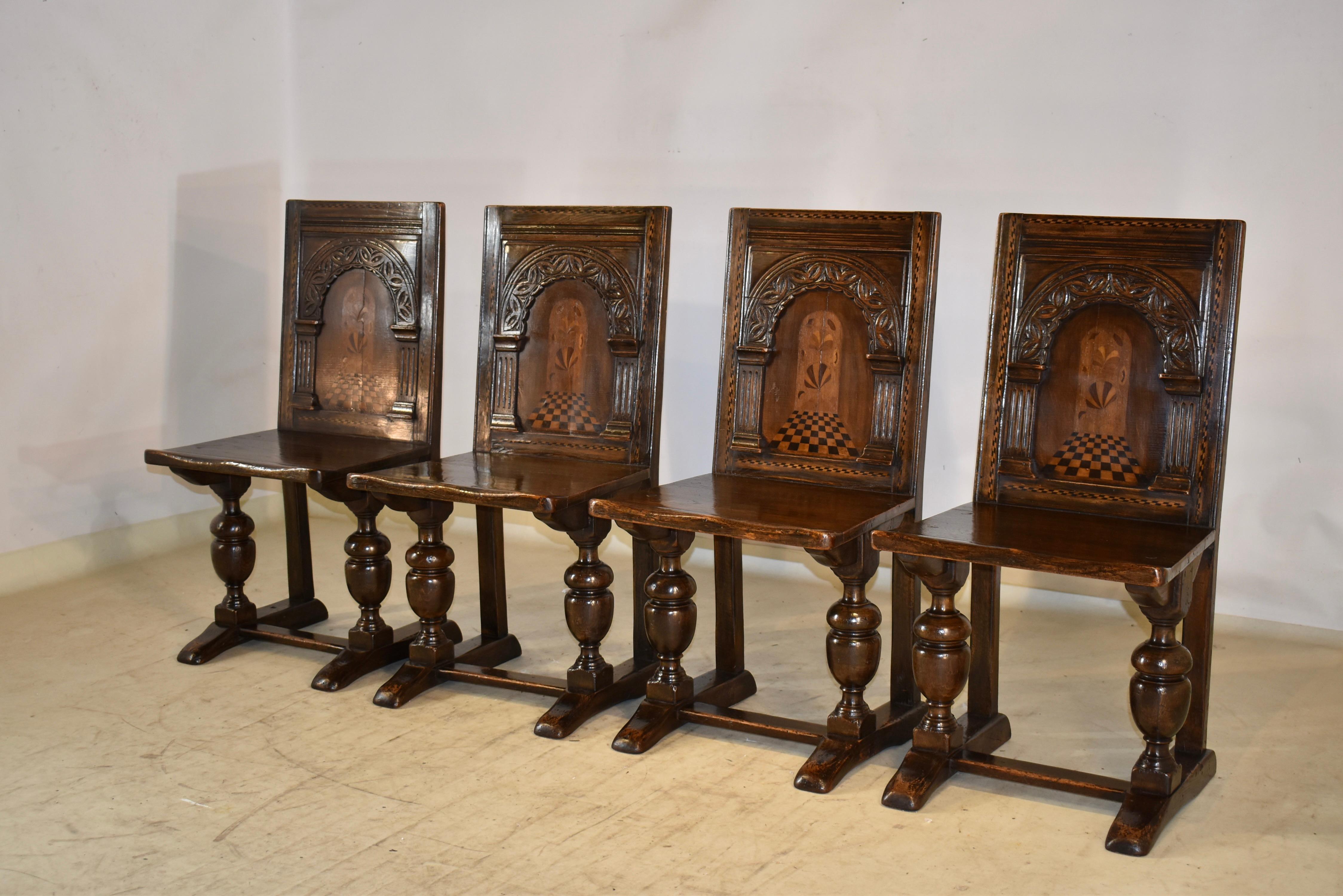 19th Century Set of 4 English Oak Parquetry Chairs For Sale 9