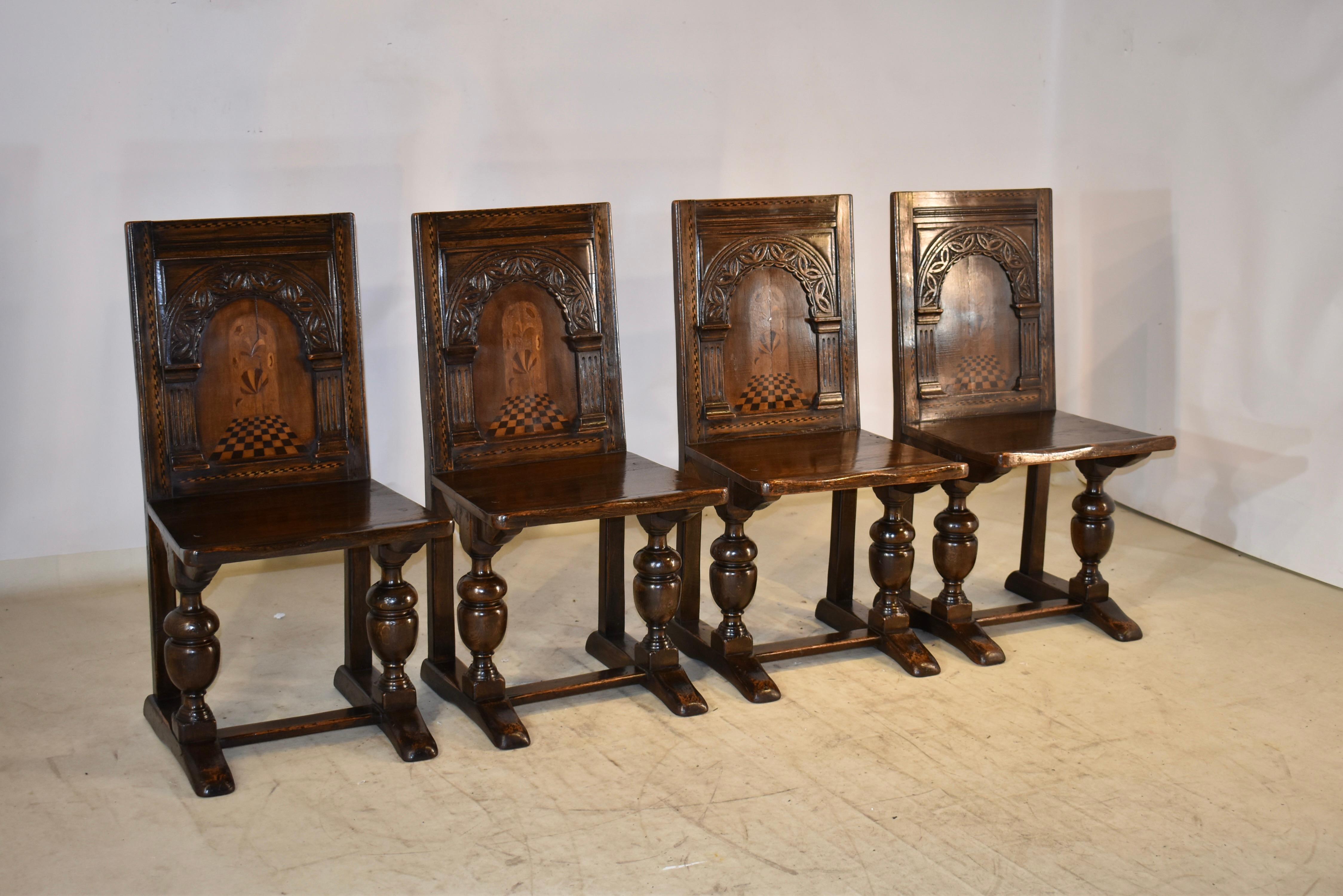 19th Century Set of 4 English Oak Parquetry Chairs For Sale 10