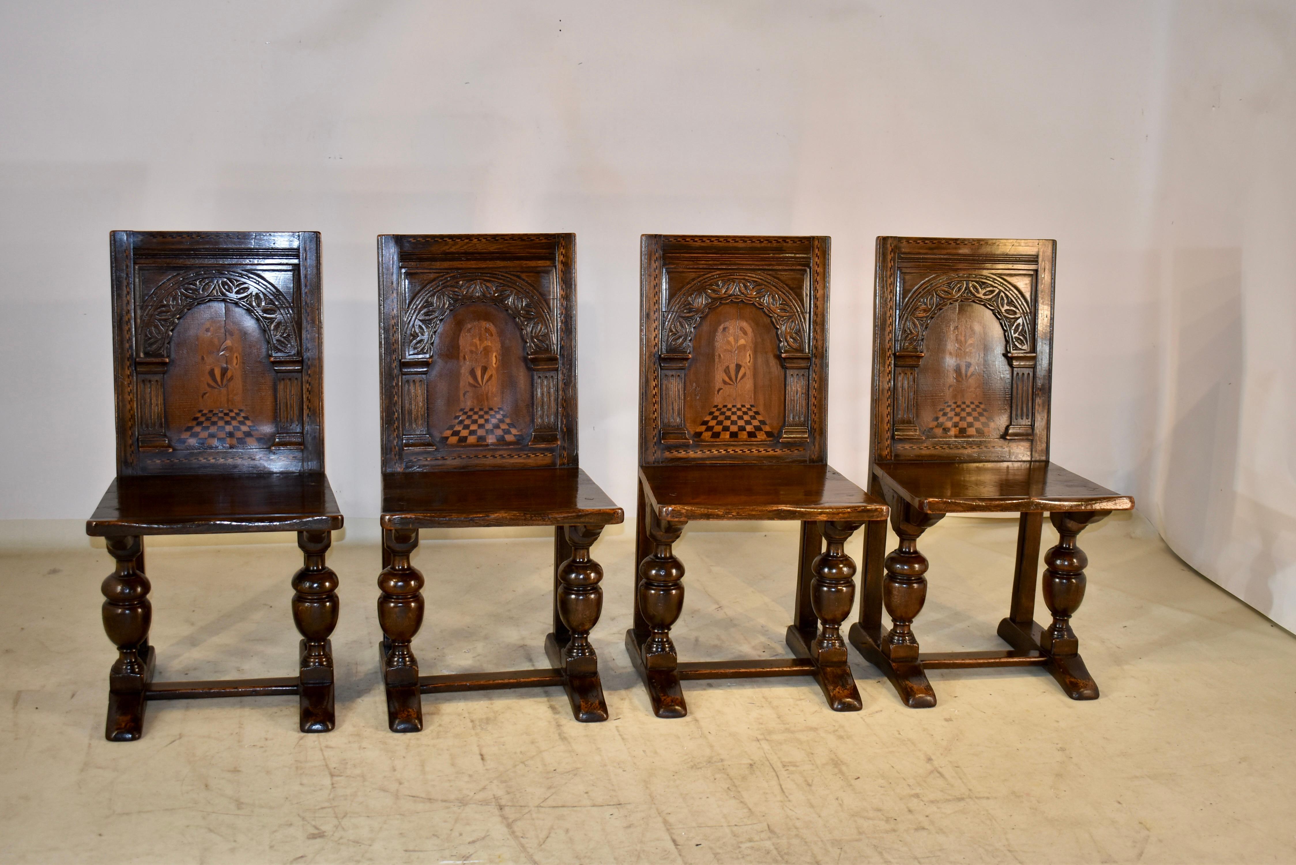 19th Century Set of 4 English Oak Parquetry Chairs For Sale 11